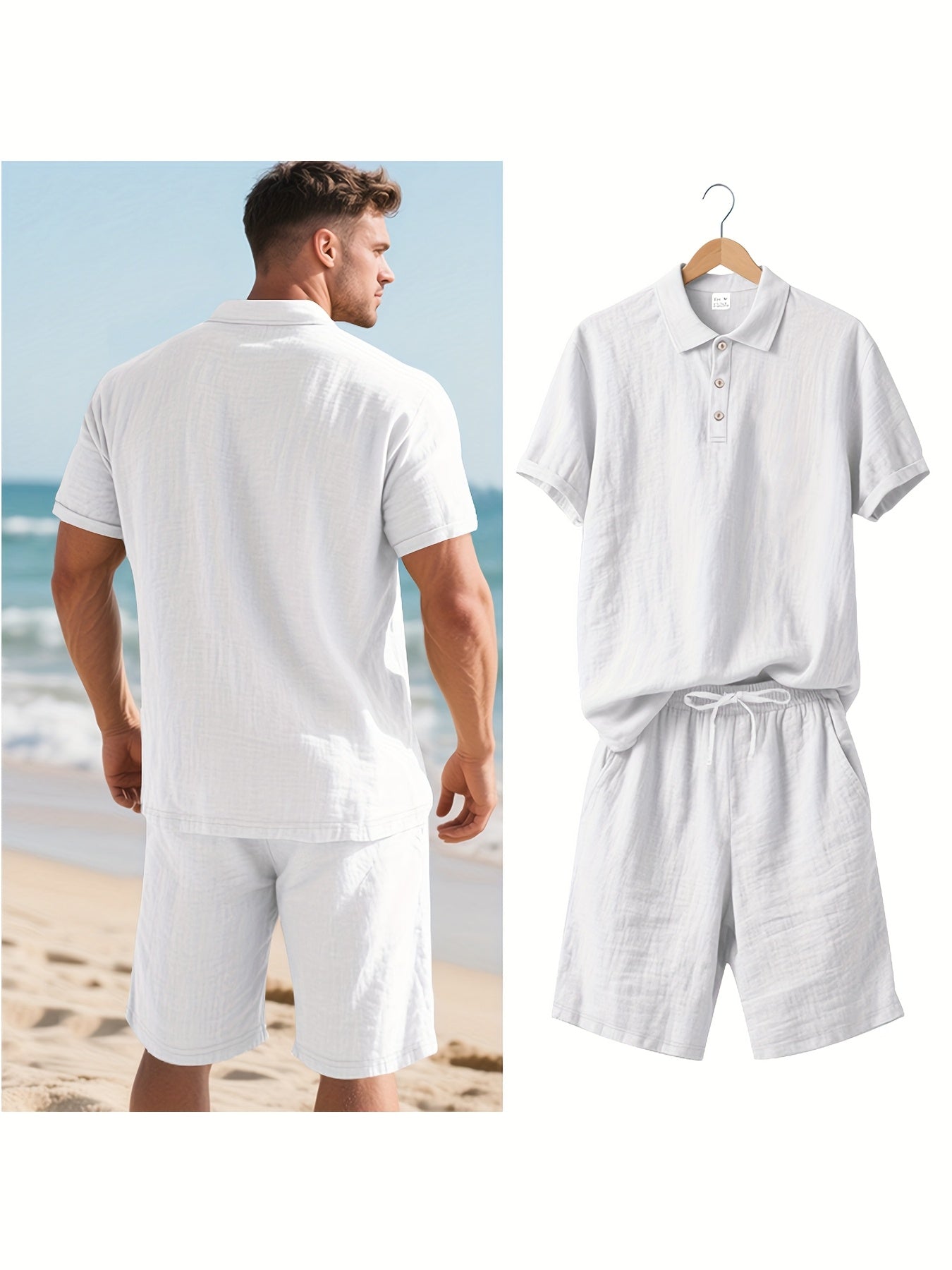 Essential for a Cool Summer! Men's Linen Shirt & Shorts Set, Comfortable Casual Outing Choice - Simple Beach Vacation Style Solid Color Linen