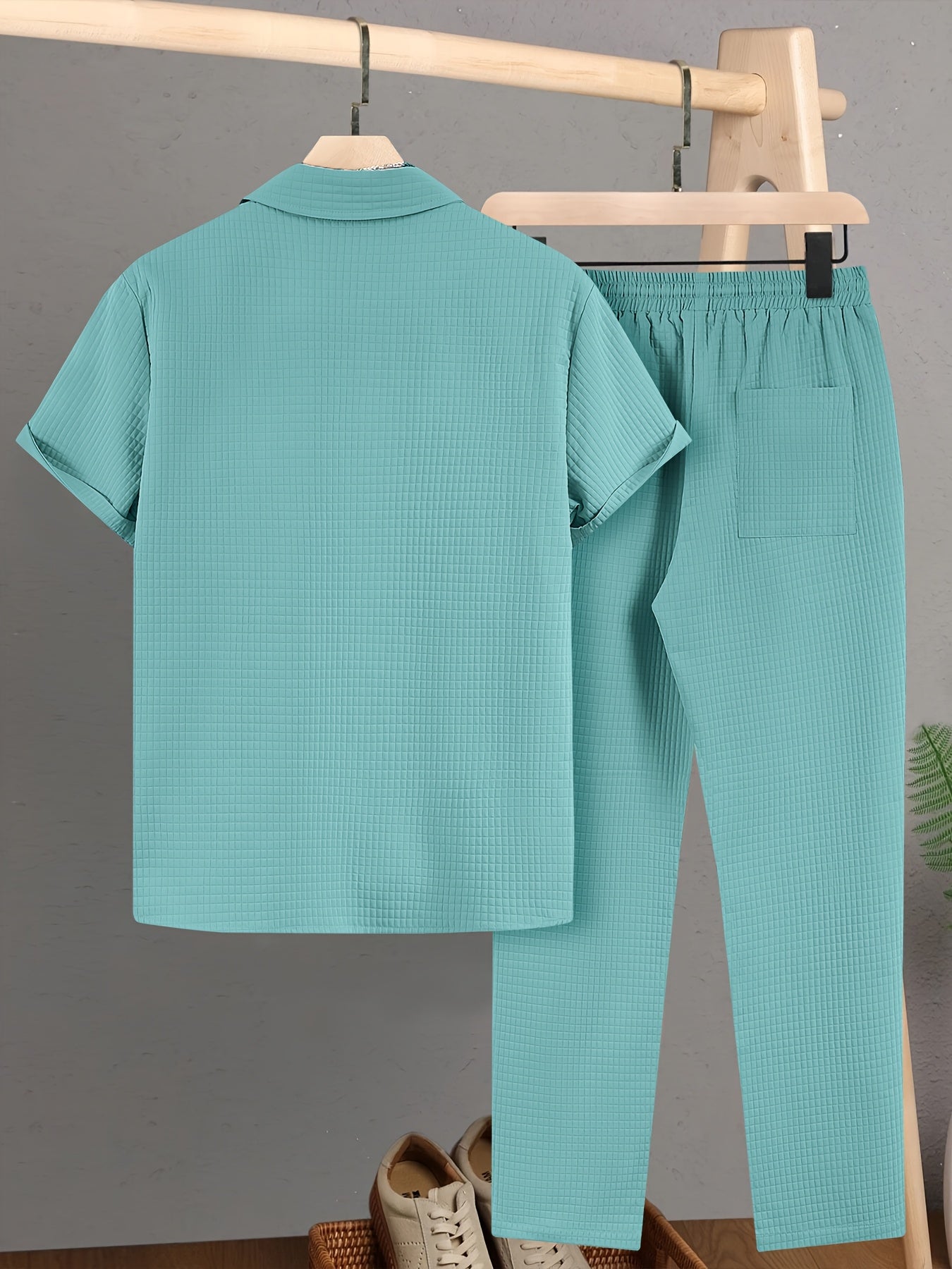 Summer Men'S Casual Bread Pattern Texture Short Sleeve Long Pants Shirt Set, 100% Polyester, Double Pocket Shirt, Turnover Woven Top Can Be Machine Washed and Dry Cleaned