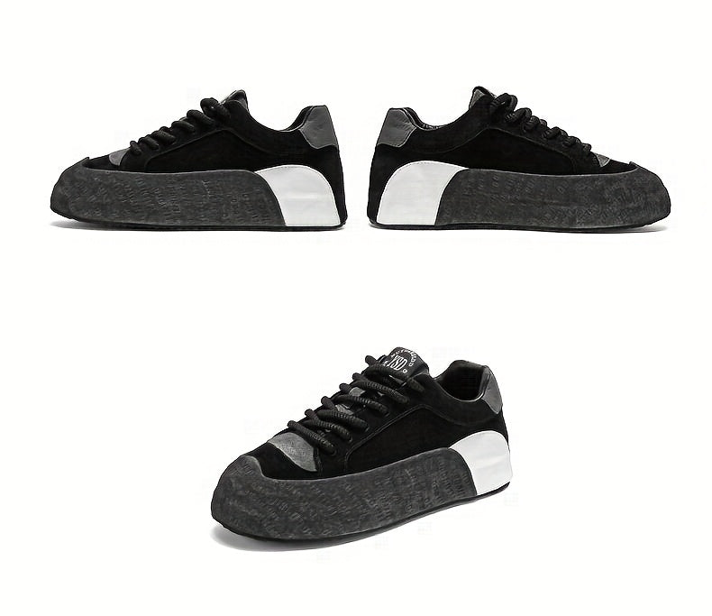 Men's Lightweight Breathable Casual Sneakers - Thick Cushioned Sole, Lace-Up Low-Top Design, Durable PU PVC Construction for All-Season Outdoor, Gym, Running Daily Wear - Black, Outdoor Walking Shoes, Chunky Sole, Comfort
