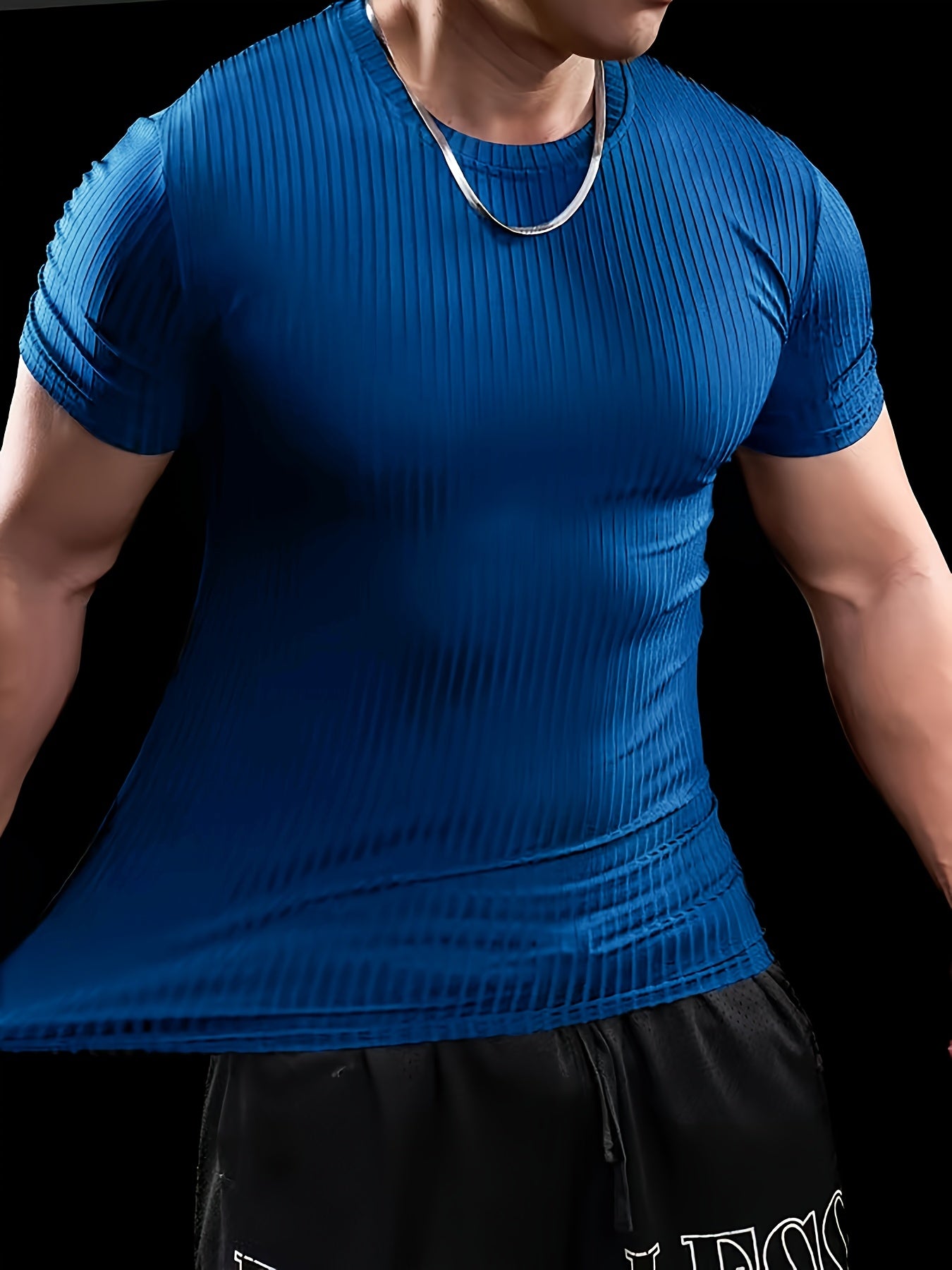 Men's Stretch Fit Short Sleeve T-Shirt - Breathable, Comfortable Polyester Blend, Solid Blue, Crew Neck, Casual Sporty Style for Spring/Summer