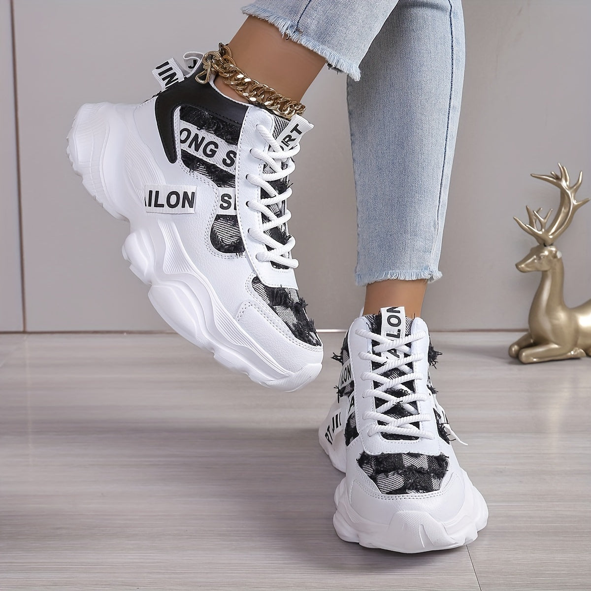 Women'S High-Top Fashion Sneakers with Plaid Pattern, Lightweight EVA Sole, Lace-Up Closure, Fabric Insole, and Tassel Embellishment - All-Season Sports Shoes with Random Printing Design, Ladies Sneakers