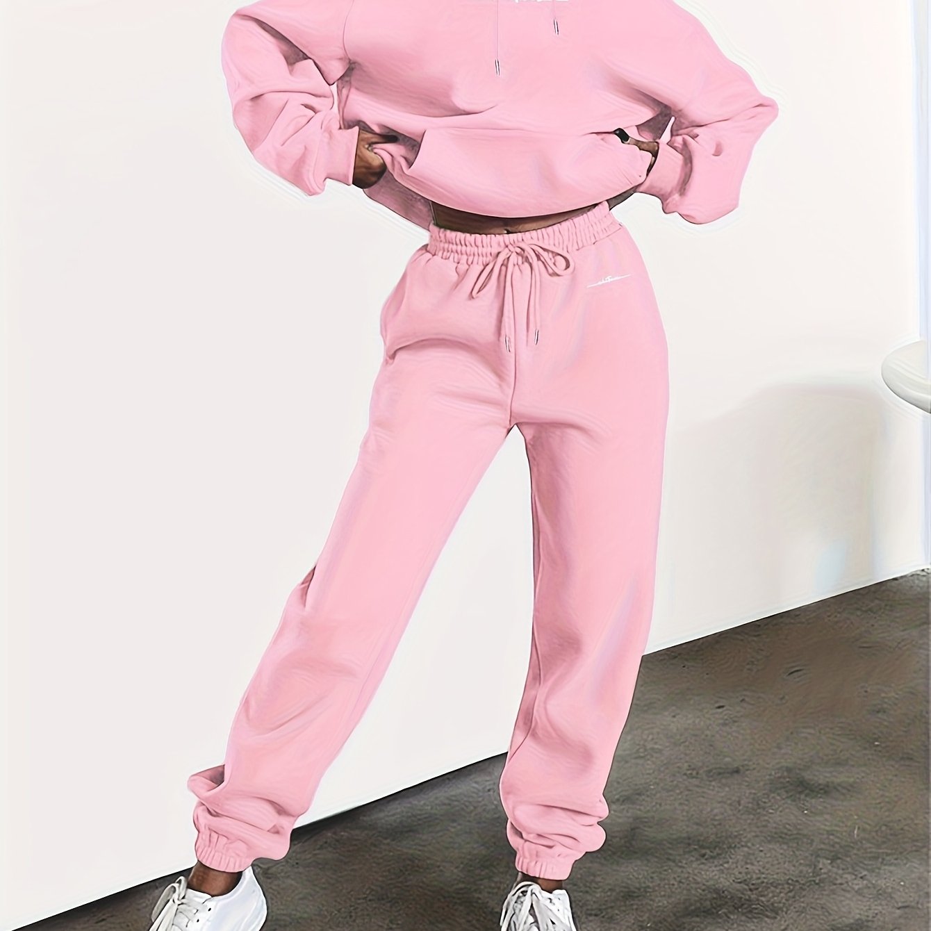 New Arrival Gray Print Women's Hooded Drawstring Sweatshirt and Pants Set, Autumn/Winter Warm Long-Sleeve Pullover with Hat, Machine-Washable Polyester, Versatile Outfit