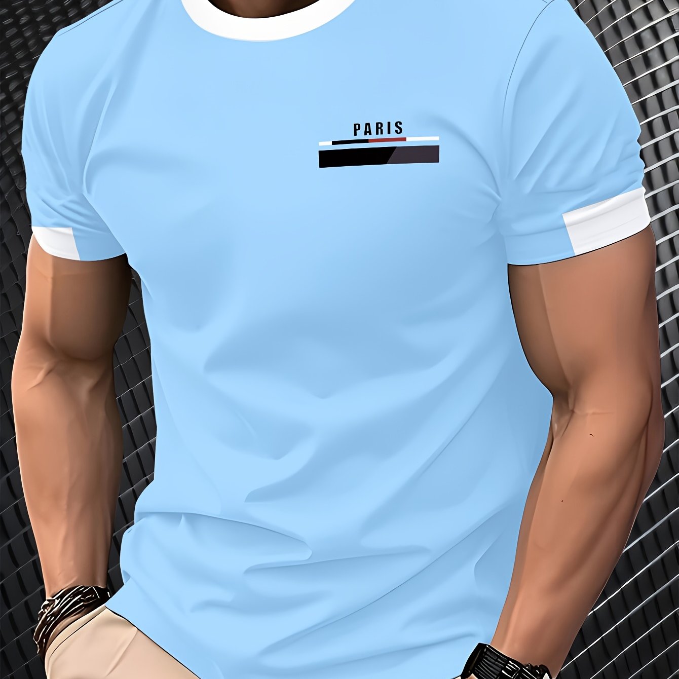 Men'S Paris Graphic T-Shirt - Green Polyester Crew Neck Tee with White Stripes Print - Casual Sporty Knit Top for Casual Attire, Breathable Fabric