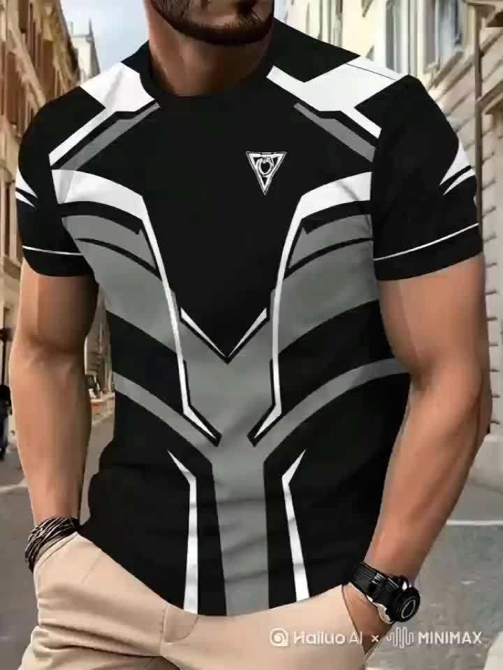 Men's Lightweight Summer T-Shirt - Black/White Print Tee with Modern Angular Lines - Breathable Fabric for Everyday Formal Outfits - Casual Crewneck Shirt for Hot Weather, Summer T Shirts, Stylish Streetwear, Nontransparent