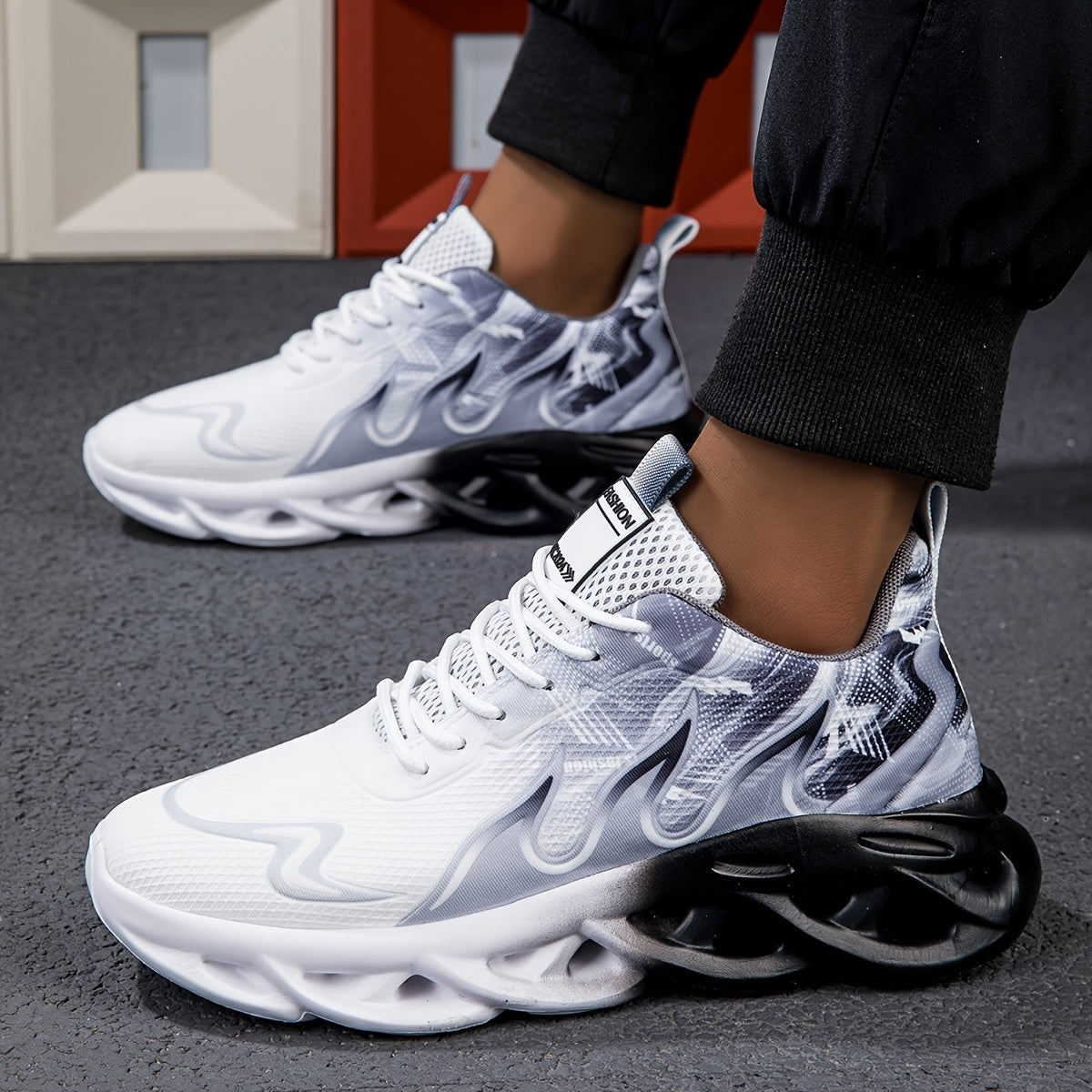 Men's Breathable Athletic Sneakers - Non-Slip, Stylish Black White Gradient Geometric Design, Comfortable Casual Shoes with Elastic Sole for Casual Attire