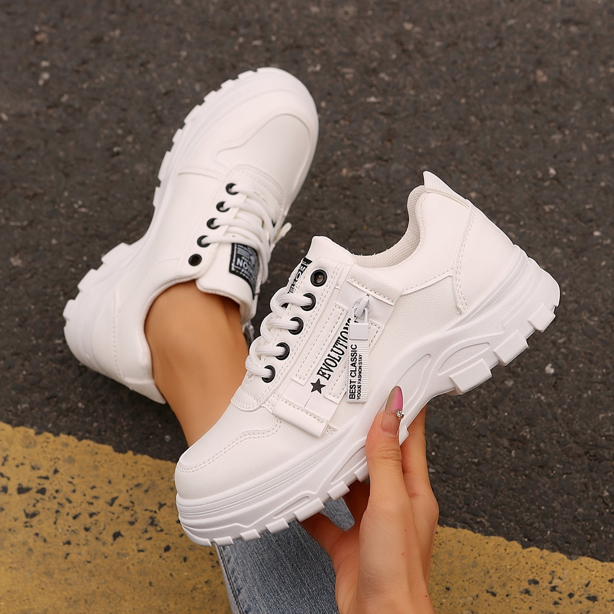 Women'S Breathable Knit Sneakers - Lightweight Thick Sole Casual Walking Shoes in White Black, Synthetic Cover Upper with Rubber Outsole, Lace-Up Low-Top Design for Indoor/Outdoor, Travel, Beach Shopping - Cute Gift for M