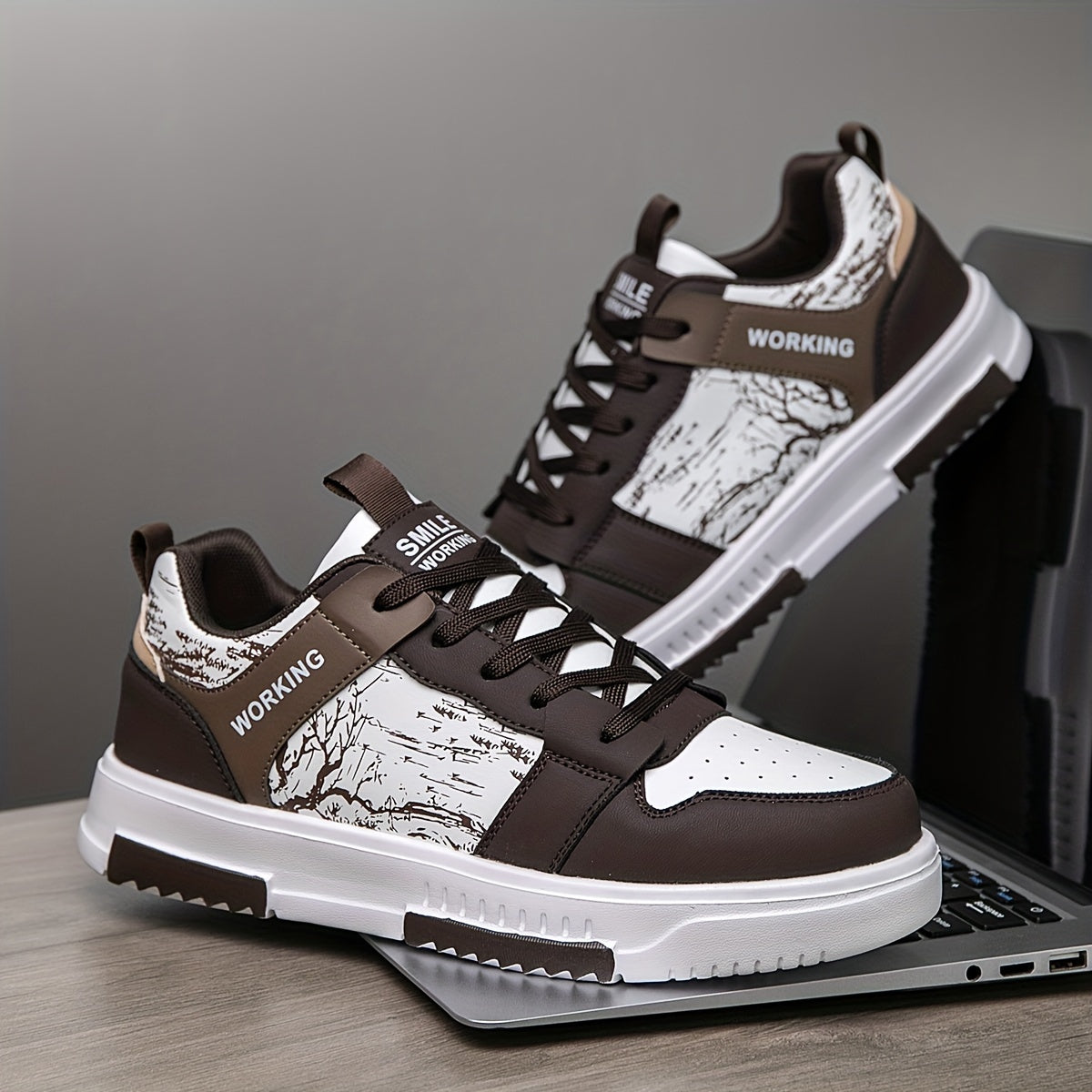 1pair Men'S Fashion Skateboard Sneakers, Casual Street Style Athletic Shoes with Branch Print, Comfortable Lace-Up Low-Top Trainers, Faux Upper, Fabric Lining, EVA Sole, for Running and Daily Wear