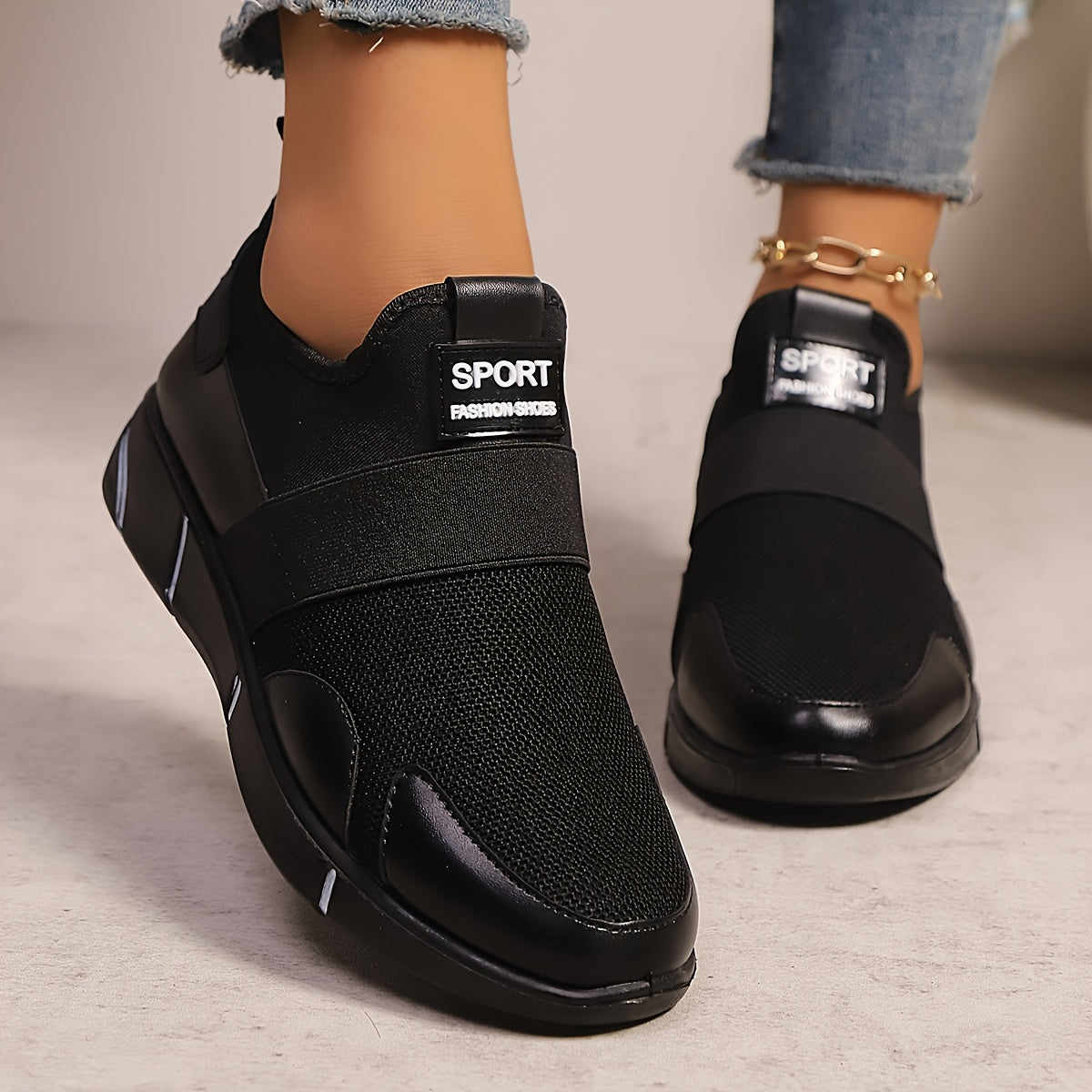 Women's Slip-On Sneakers - Lightweight Knit Upper, Breathable Design, Comfortable Casual Shoes with Strap, Black Golden Accents, Round Toe for All-Day Wear, Sporty Sneakers Round Toe Shoes Flexible Sole, Ladies Sneakers