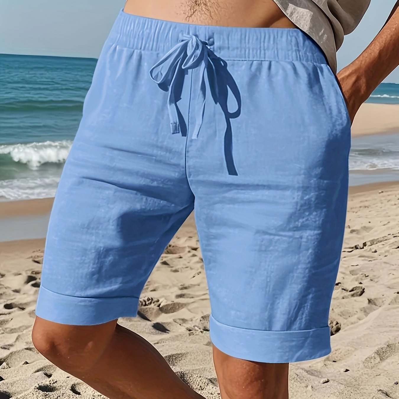 Men'S Light Blue Linen Shorts - Casual & Comfortable with Pockets, Drawstring Waist, Perfect for Summer Beach Outings and Casual Attir