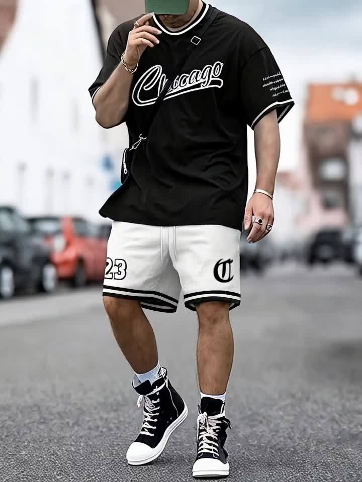 Men's Outfit, Chicago Graphic Print Casual Crew Neck Short Sleeve T-Shirt & Shorts 2-piece Set For Summer Outdoor Activities