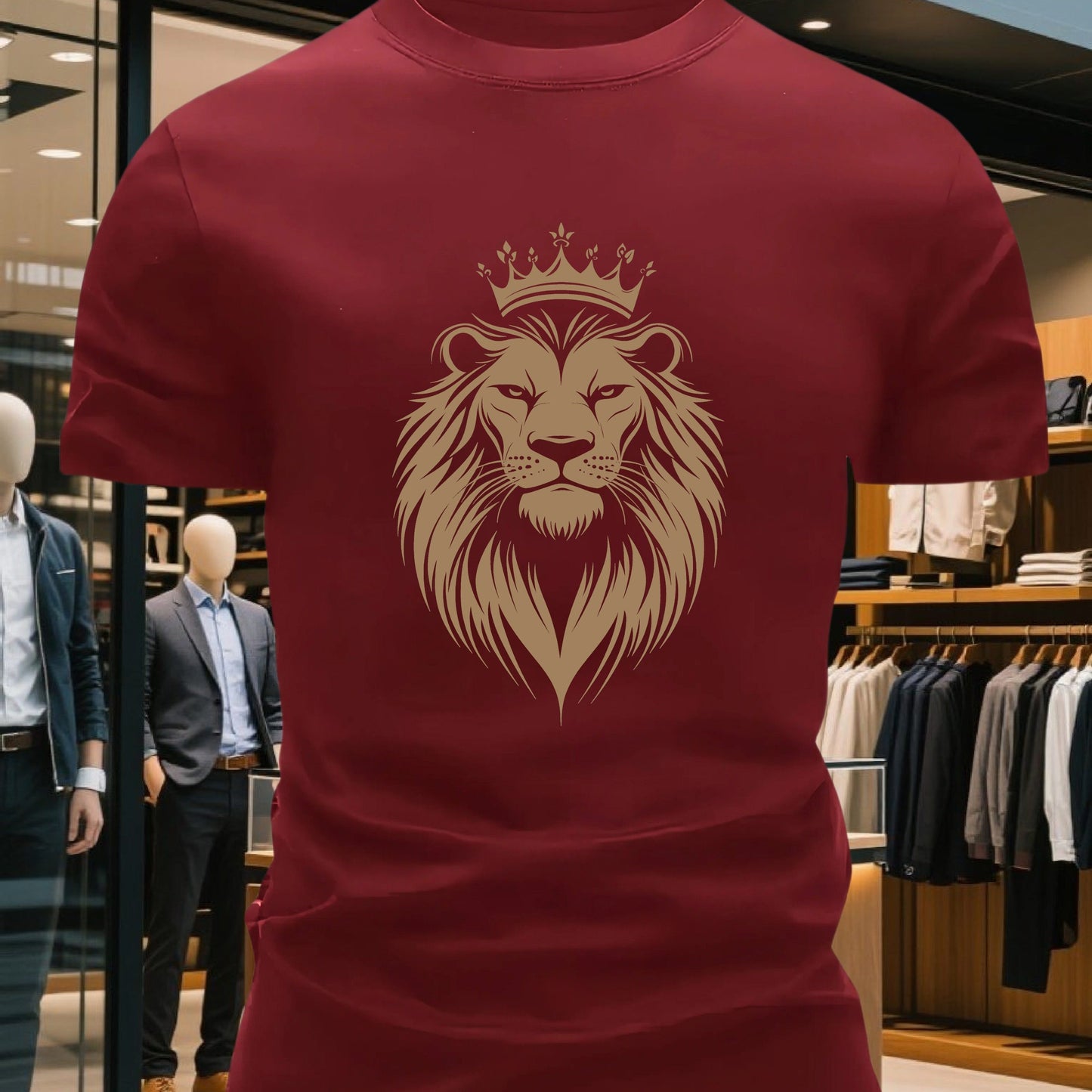 Men's 100% Cotton Crew Neck Short Sleeve T-Shirt with Regal Lion Crown Graphic Print - Navy Blue Casual Comfort Fit, Machine Washable All-Season Versatile Top, Cotton T Shirts, Leisure Clothing, Creative Print Shirt, Soft Tex