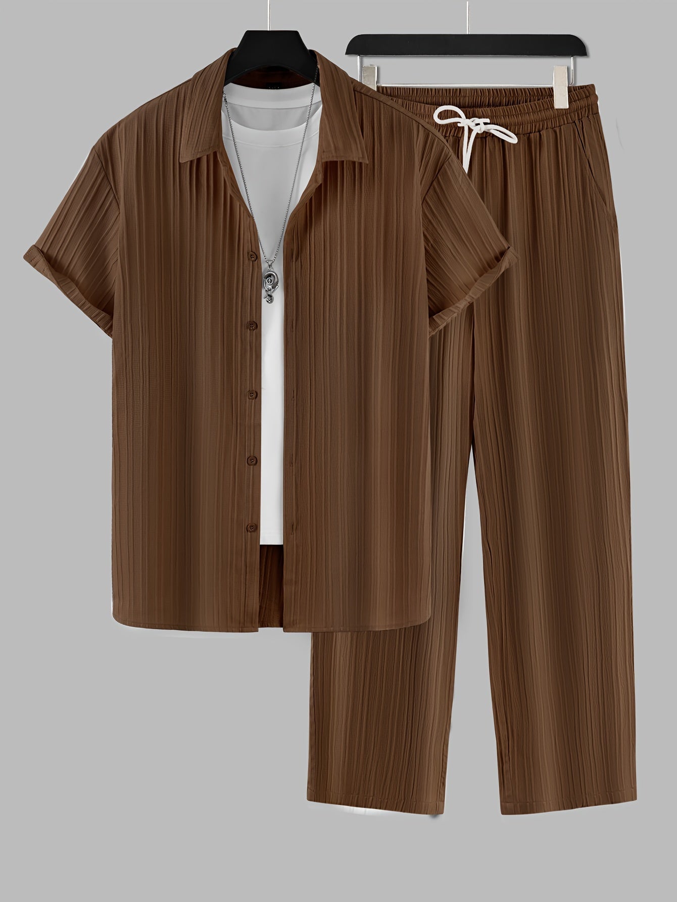 2-piece Men's Stylish Spring Summer Vacation Outfit Set, Men's Ruffled Short Sleeve Lapel Shirt & Drawstring Long Pants Set