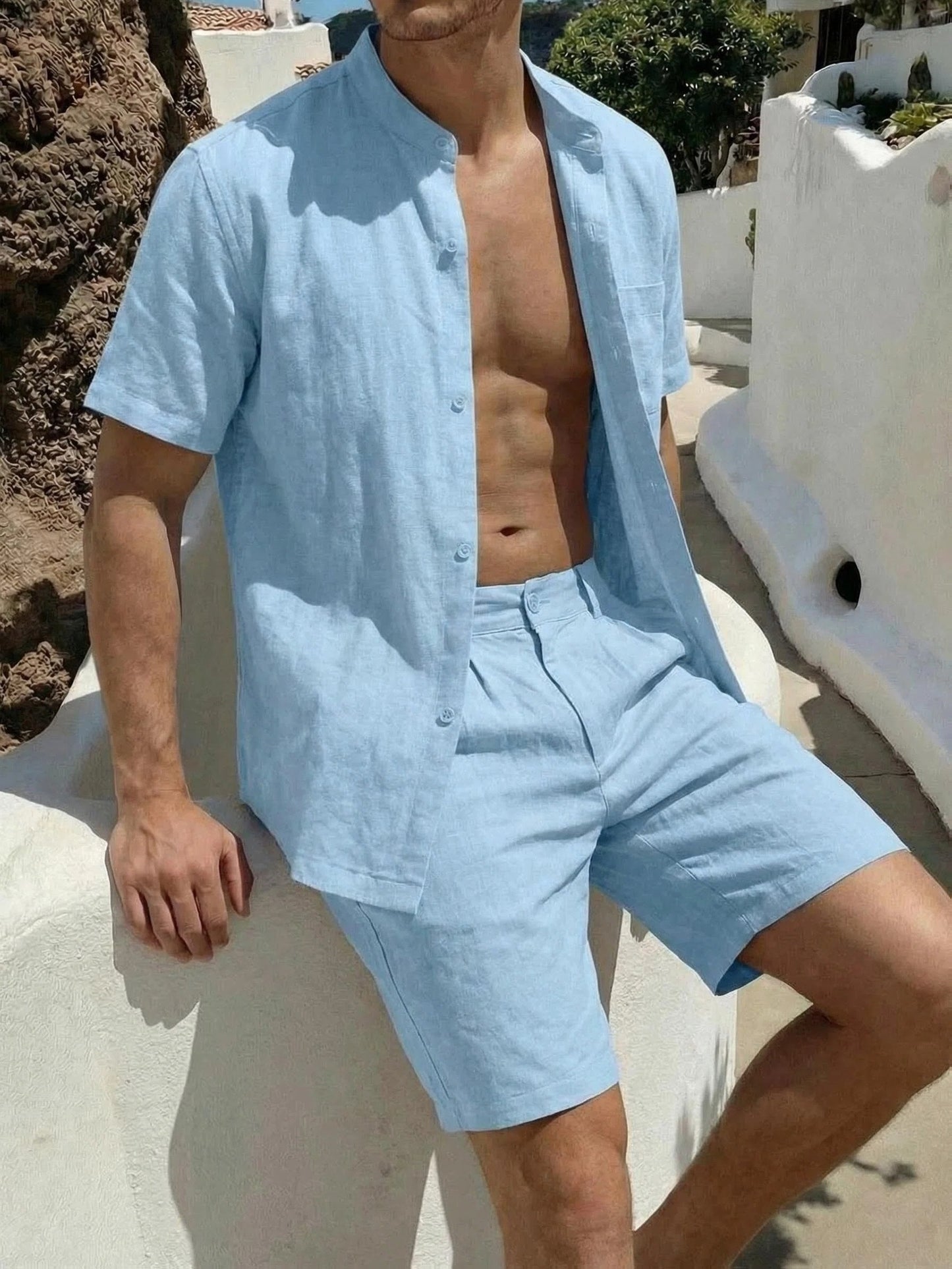 Men's Linen Short-Sleeve Shirt and Shorts Set for Summer Casual