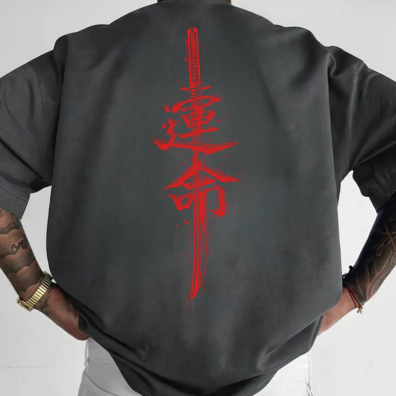 Men'S Japanese Samurai Sword Graphic T-Shirt - Casual Loose Fit Crew Neck, Short Sleeve Tee with Red Stylized Japanese Katanas Design, Breathable Polyester for Spring Summer Outdoor Wear