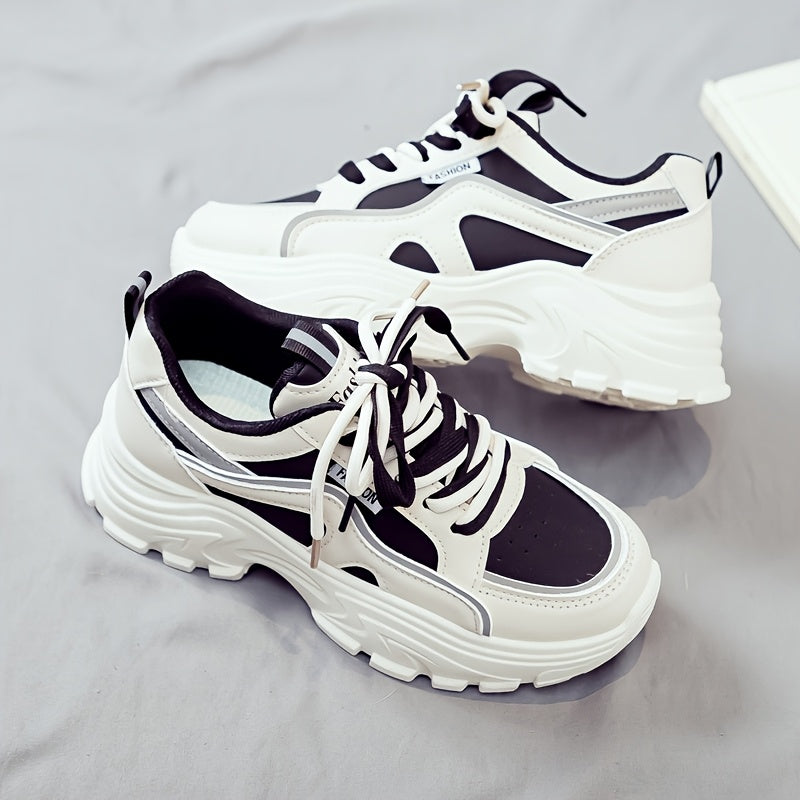 Women's Trendy Chunky Sneakers - Breathable Lace-Up Dad Shoes with Thick PVC Sole, White Beige Two-Tone Design, Versatile Low-Top Style for Casual Attire