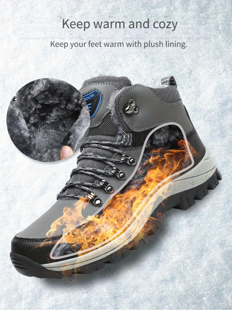 Men'S Winter Snow Warm Hiking Boots, Plush Ankle Boots, Lace-Up Outdoor Trend Style, Suitable for Hiking on Snowy Ground