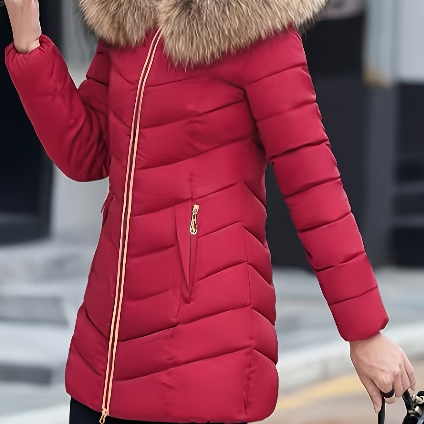 Women'S Elegant Red Mid-Length Winter Coat with Plush Fur Hood, Zip-Up Design, and Contrast Trim - Stylish All-Season Outerwear, Winter Coats And Vests