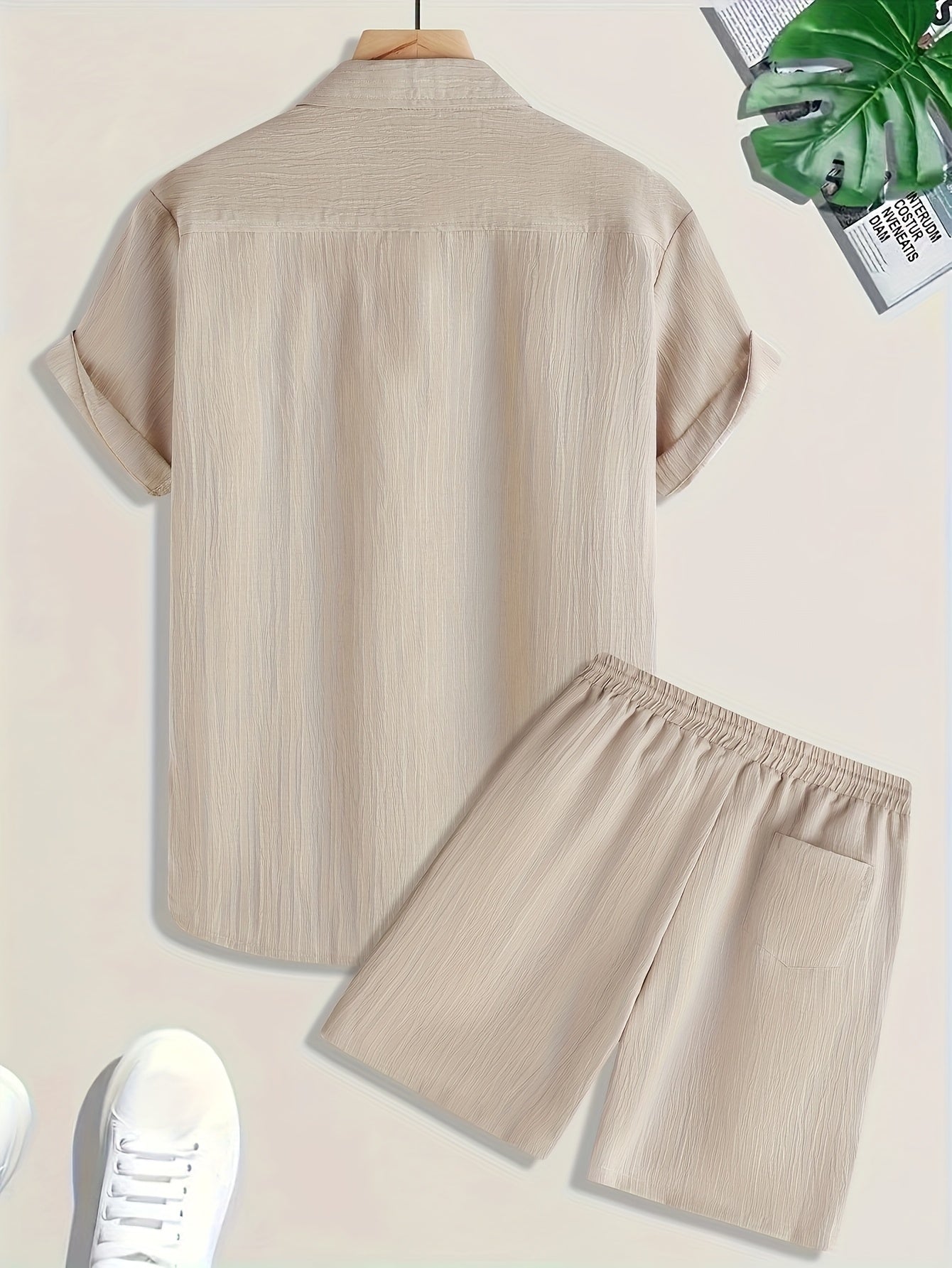 1085 Men's Solid Color Short Sleeve Button- Shirt and Shorts Casual Two-Piece Set