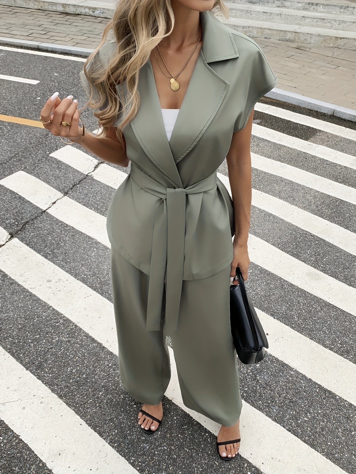 Women'S Elegant Drop Shoulder Suit Vest + Elastic Waist Ruched Pants Two-Piece Set with Belt