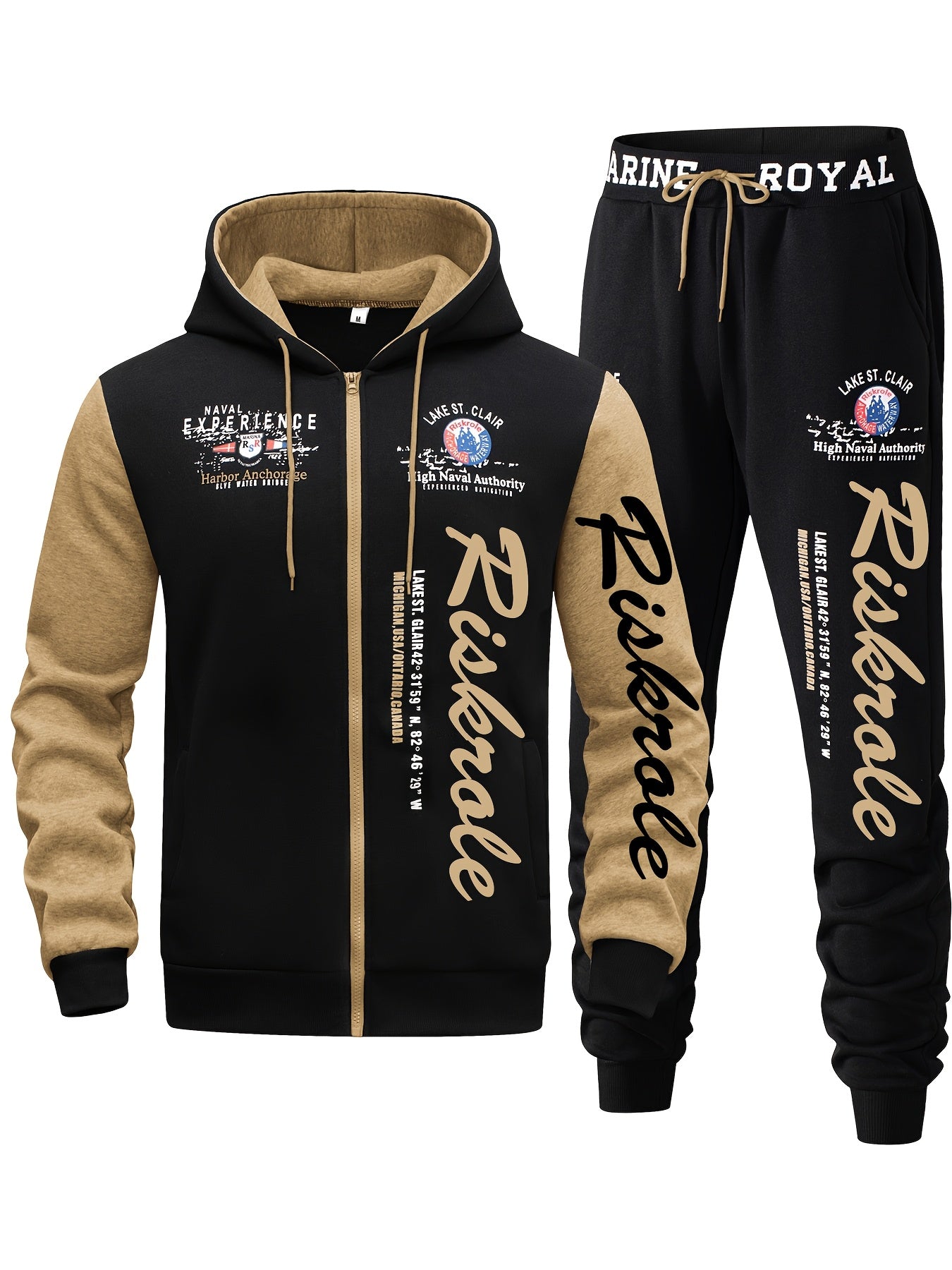 Men's Hooded Letter Print Tracksuit, 2pcs Casual Sports Set, Fashion Hoodie With Full-zip And Elastic-waist Pants, Regular Fit, Outdoor Cloth