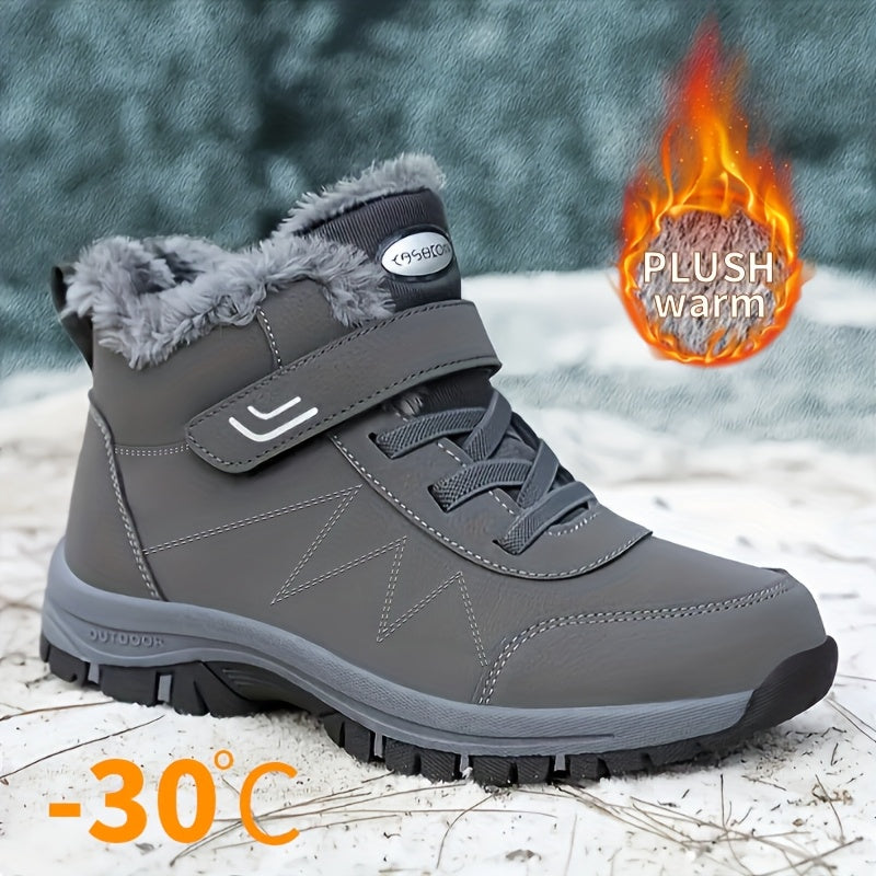 Men's Plush-Lined Winter Snow Boots - Durable, Non-Slip Traction Sole with Hook & Loop Fastener, Comfortable Fabric Lining for Outdoor Hiking and Casual Wear, Winter Boots