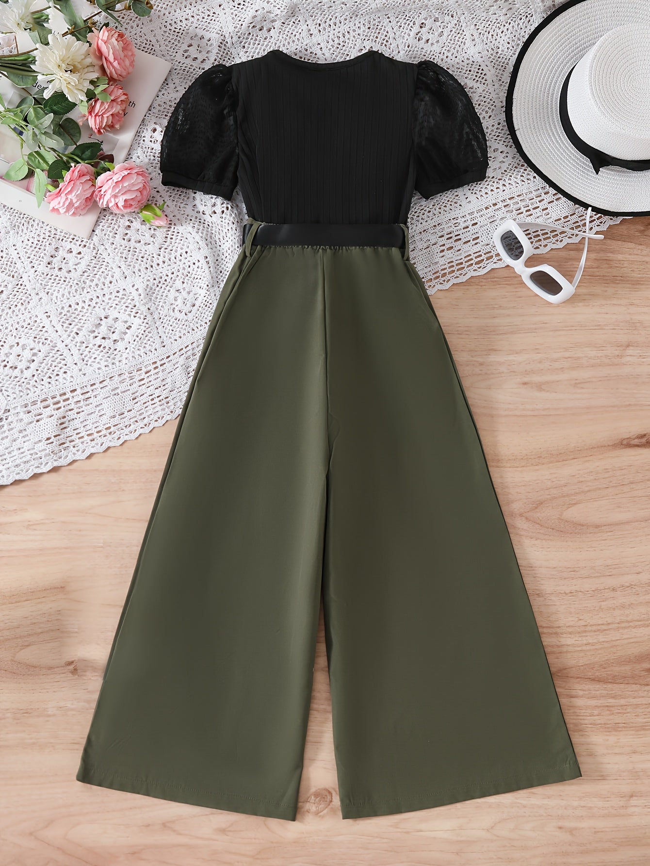 Casual Black Puff Sleeve Top & Apricot Wide-Leg Pants Set