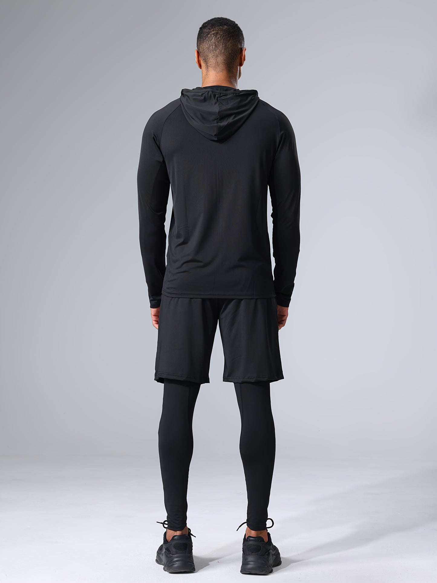 4pcs Athletic Sportswear Set, Polyester 95% Elastane 5% Knit Fabric, All-Season Crew Neck Hoodie, Skinny Fit Solid Color, Breathable Quick-Dry for Running, Fitness, Cycling & Outdoor Activities