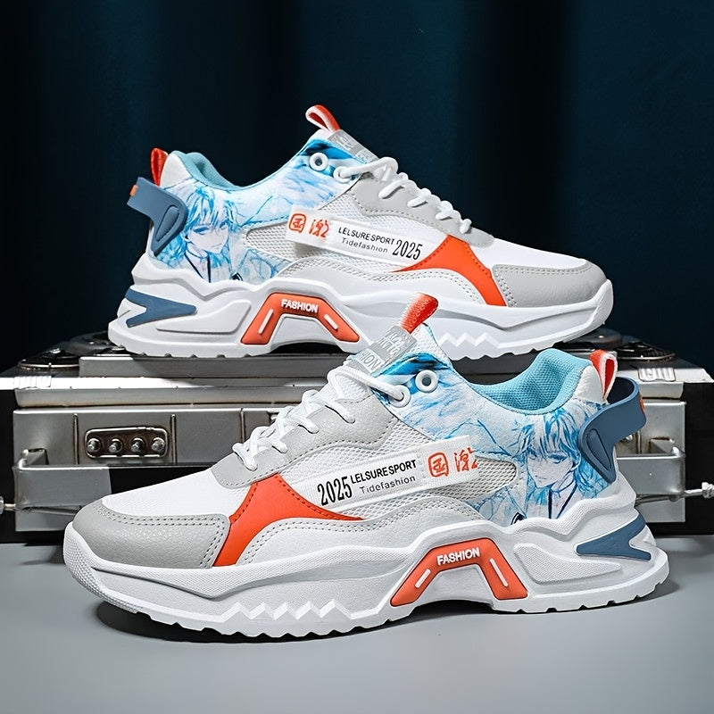Men's Stylish Platform Sneakers with Wave Pattern - Comfortable, Non-Slip Durable for Outdoor, Campus Walks Travel Lace-Up, Breathable Design, for Autumn, Spring