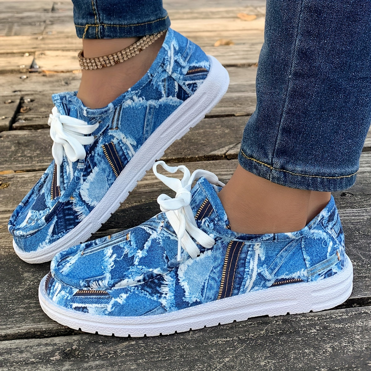 Women's Denim Print Flat Sneakers, Lightweight Round Toe Low Top Shoes, Casual Outdoor Walking Shoes plus size