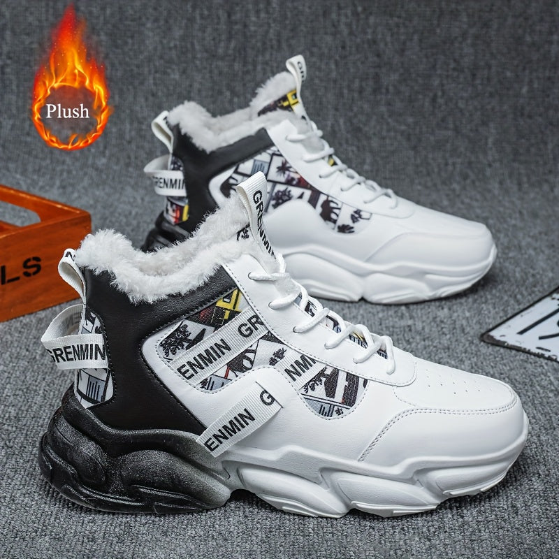 Men's High-Top Sneakers - Winter-Ready Upper & Cushioned EVA Sole, White/Black/Gray/White Colorway with Lace-Up Closure, Round Toe & Arch Support - Casual & Formal Winter Shoes for Men, Gym, Casual Attire - All-Terrain Tracti