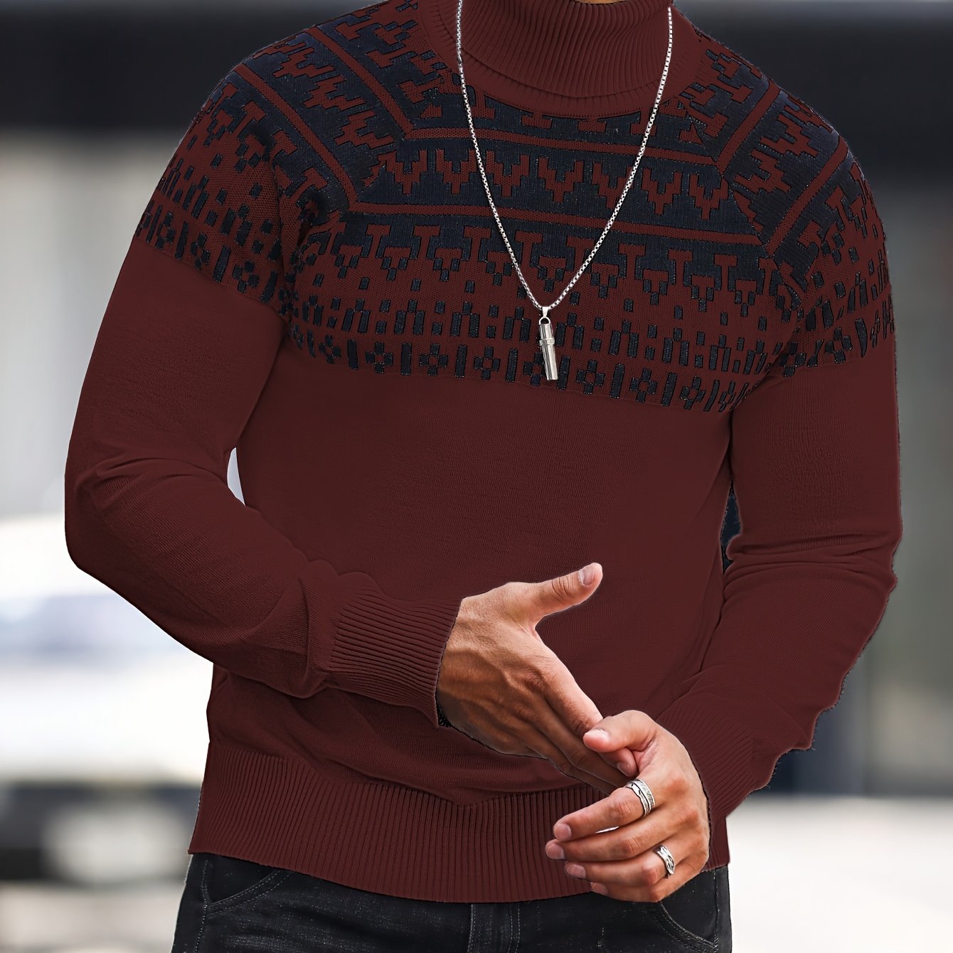 Men's Geometric Graphic Print Knitted Pullover, Casual Long Sleeve Turtle Neck Sweater For Fall Winter, Outdoor Cloth