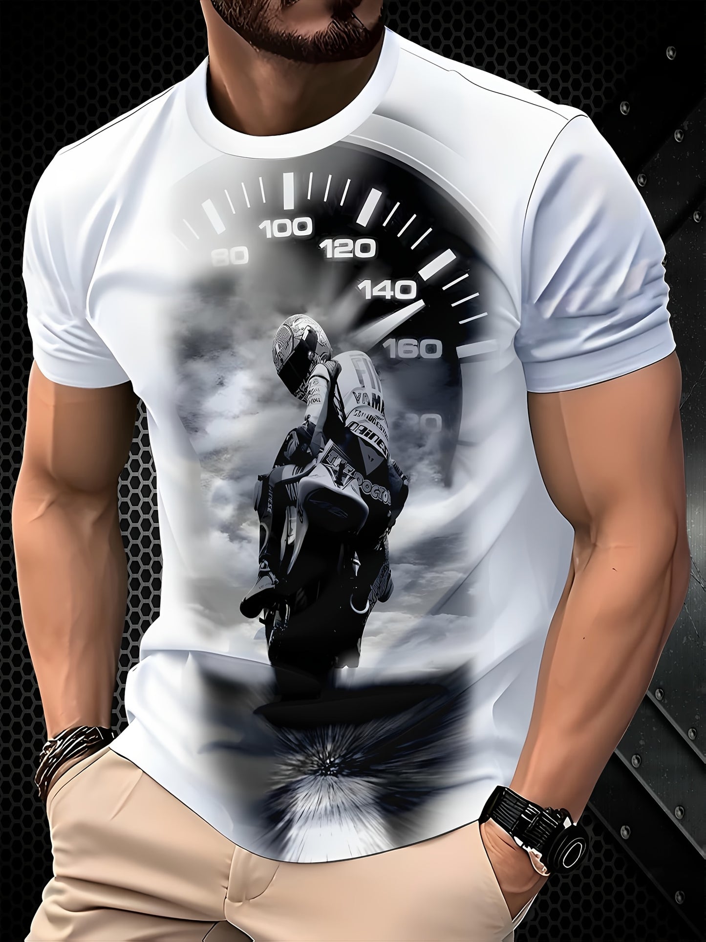 Men'S Motorcycle Graphic T-Shirt - Casual Crew Neck Short Sleeve Tee with Throttle Gauge Design, Breathable Summer Sportswear for Adults, Motorcycle Enthusiast Gear Stylish Motorcycle Print Comfortable Fit