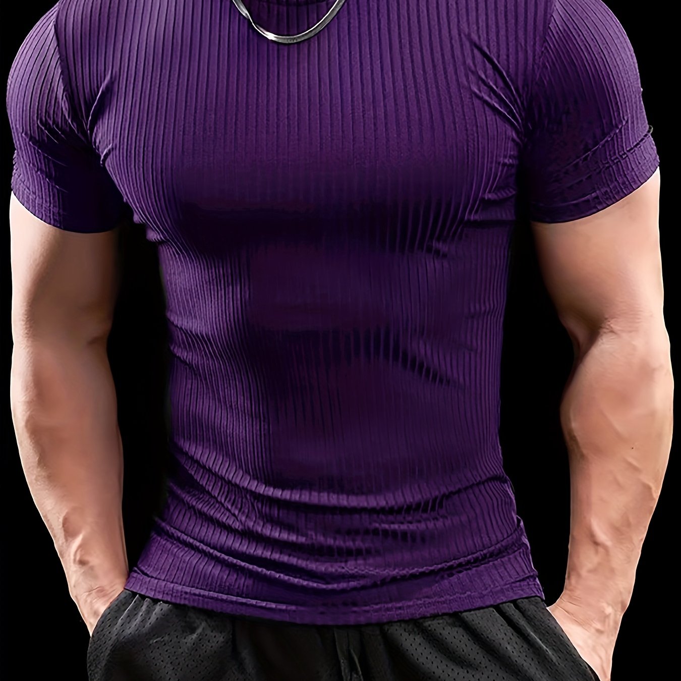 Men's Stretch Fit Short Sleeve T-Shirt - Breathable, Comfortable Polyester Blend, Solid Blue, Crew Neck, Casual Sporty Style for Spring/Summer