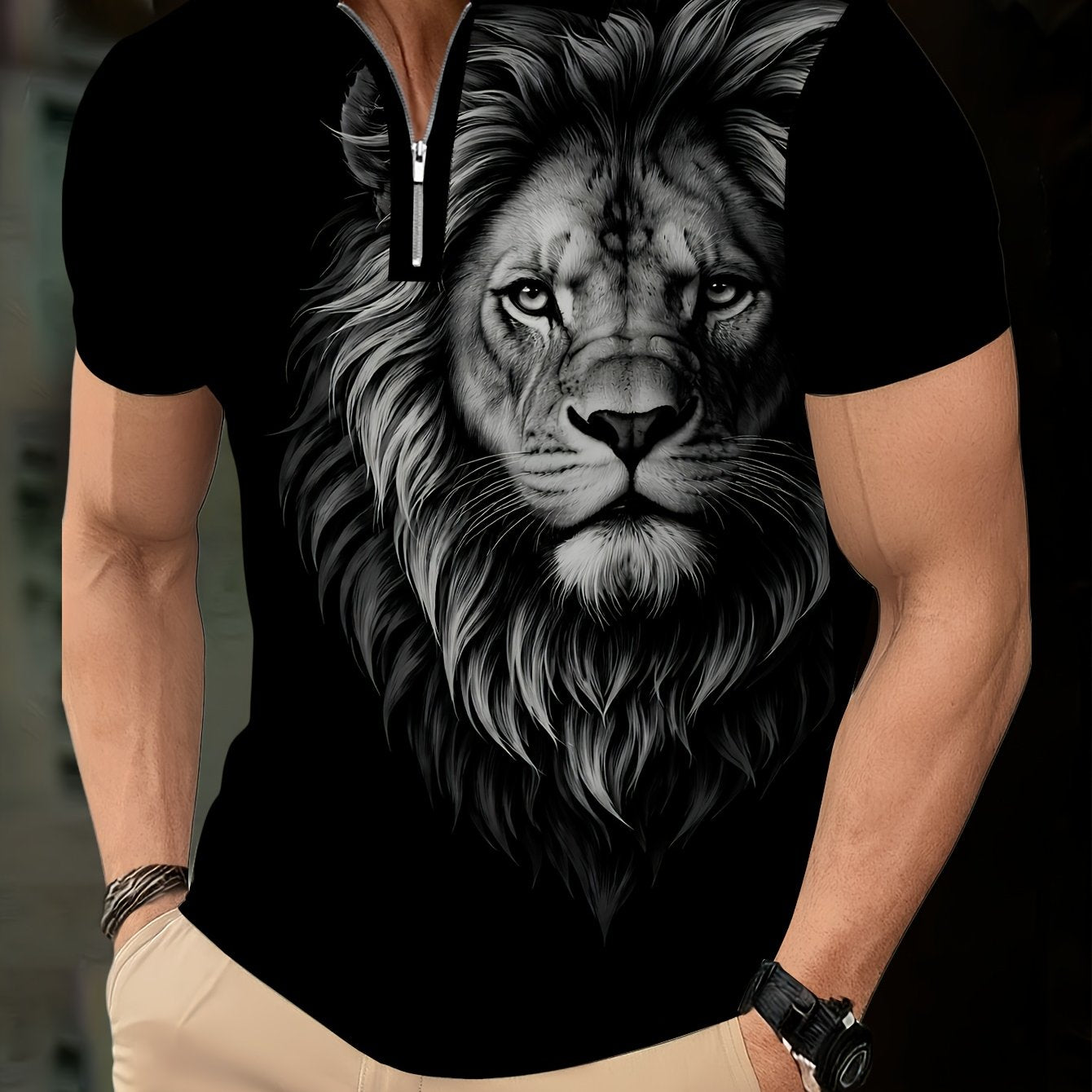 Men's Zip Shirt Short Sleeve Summer Trendy Lion Print Collar T-Shirt Business Casual Slim Fit Men's Top Women's Clothing - ayq