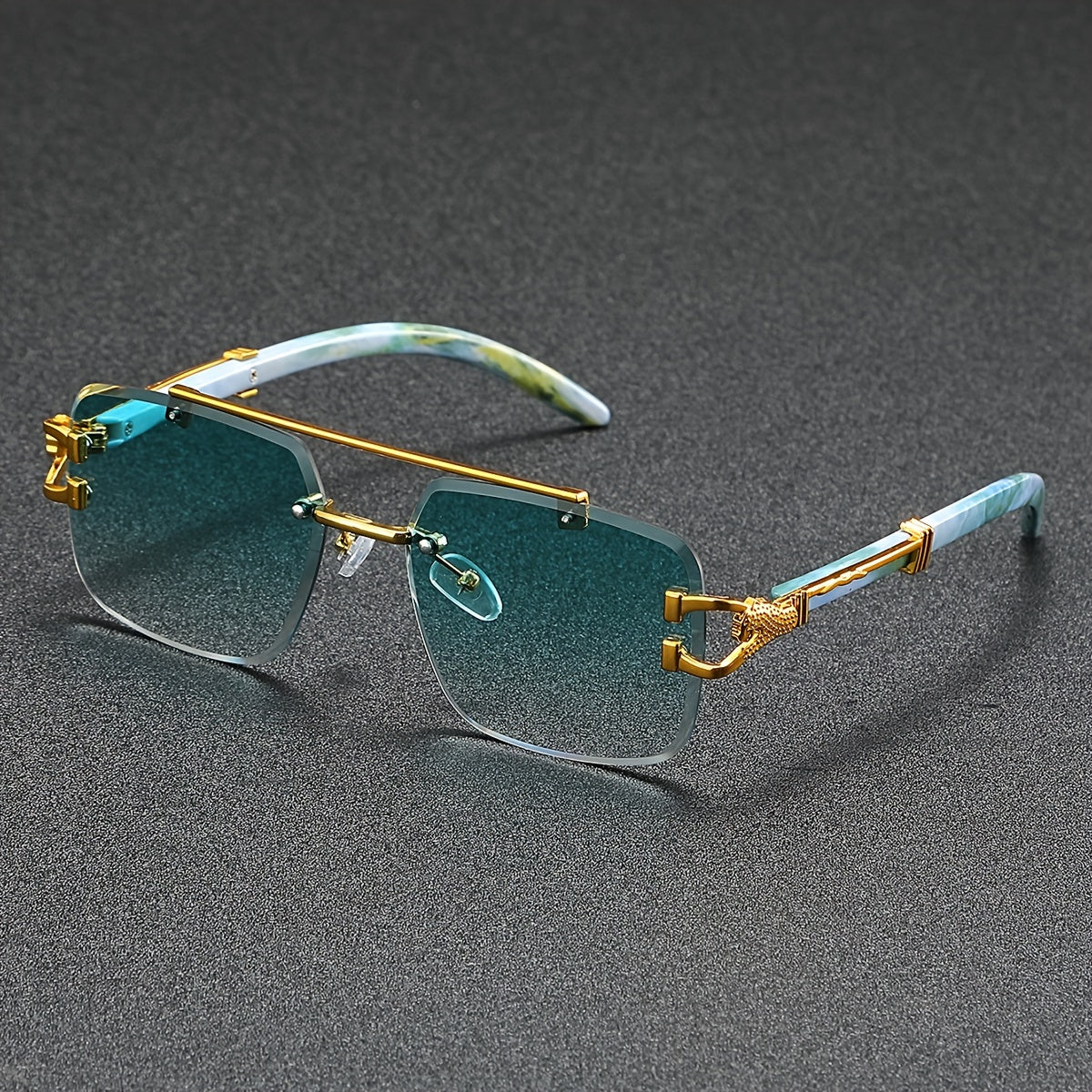 A Pair of Frameless, Beveled-Edge, Square Double-Beam Glasses, New Trendy Leopard-Print Fashion, Faux Wood Grain, Versatile for Men And Women, for Taking Photos.