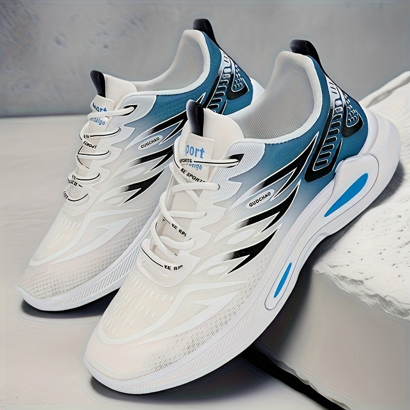 Men's Breathable Athletic Sneakers - Stylish Color Block Design with Blue Accents, Lightweight Running Shoes for Outdoor Activities and Casual Wear, Rubber Sole Footwear, Fabric Upper