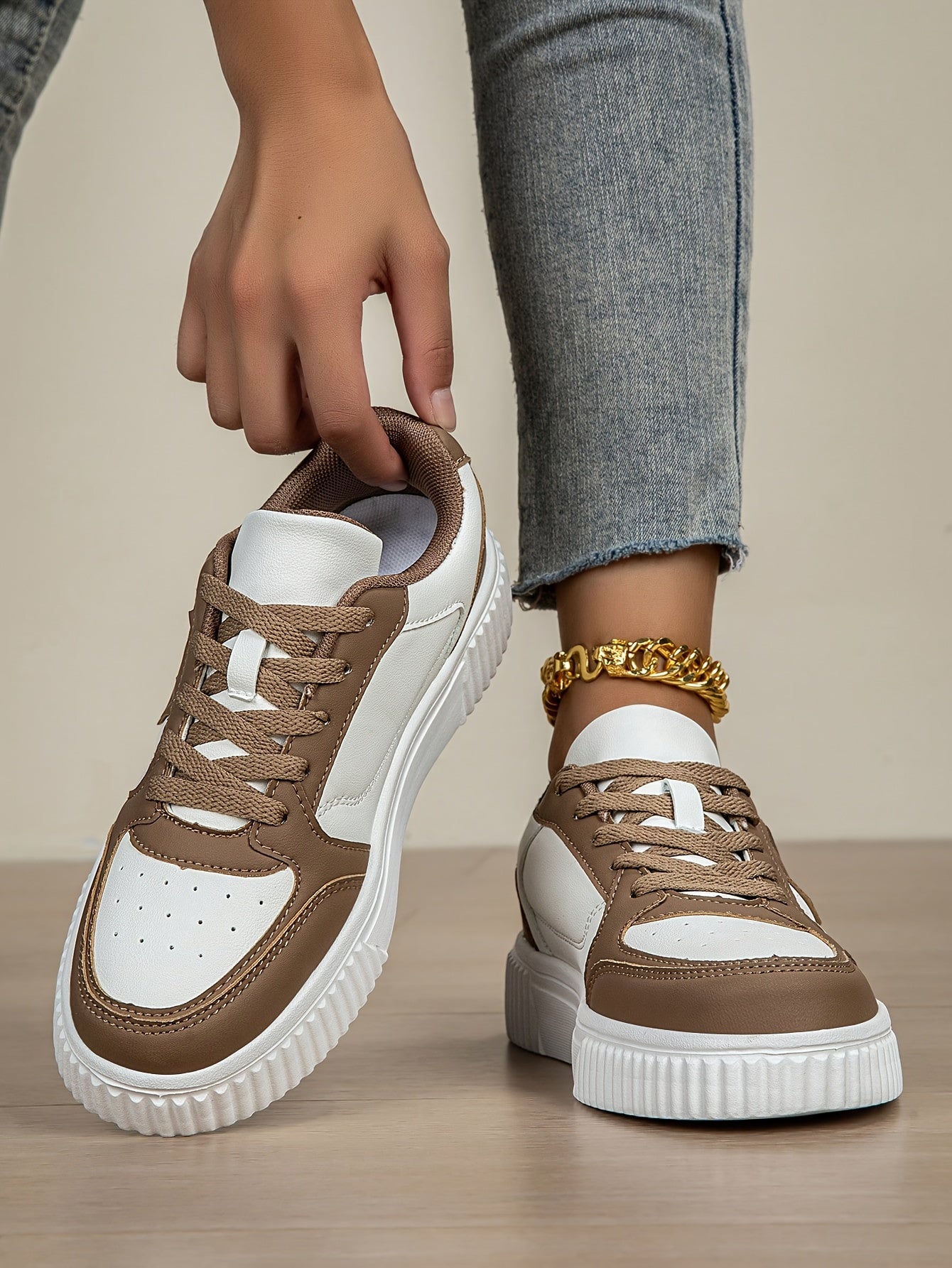 Women's Plus Size Lightweight Casual Sneakers - Thick Sole Slip-Resistant EVA Sole, Breathable Mesh Lining, Round Toe Lace-Up Design, All-Season Comfort, Two-Tone Color Options (White/Brown)