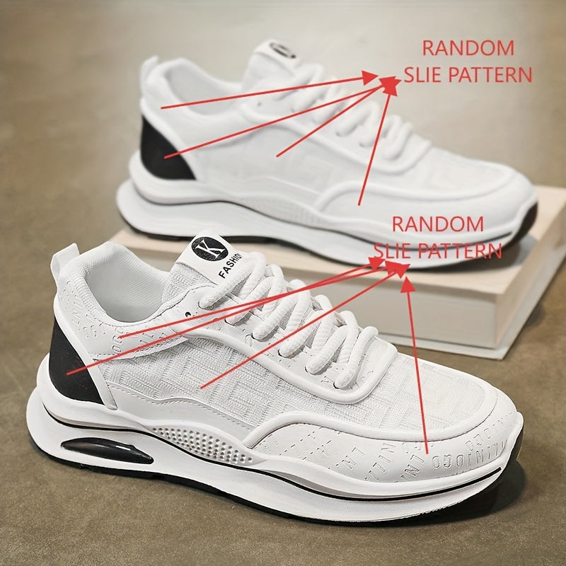 Men's Lightweight Breathable Low-Top Sneakers - PU Upper PVC Sole, White/Navy/Red Accents, Lace-Up Round Toe for Casual, Outdoor, Running Gym - All-Season Comfort Shoes, Casual Footwear, Geometric Pattern, Comfortable Fit