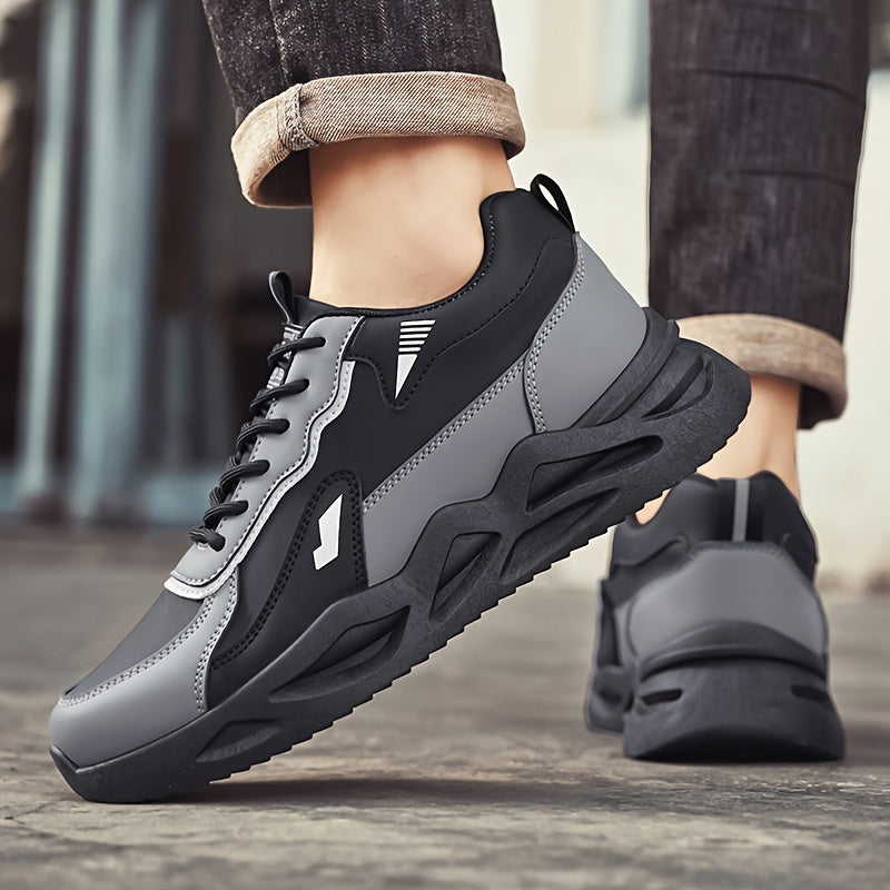 Men's Retro Sporty Casual Sneakers - Low-Top Breathable PU Upper, Cushioned EVA Insole Durable PVC Outsole - All-Season Comfort for Daily Wear, Running Casual Outings - Black