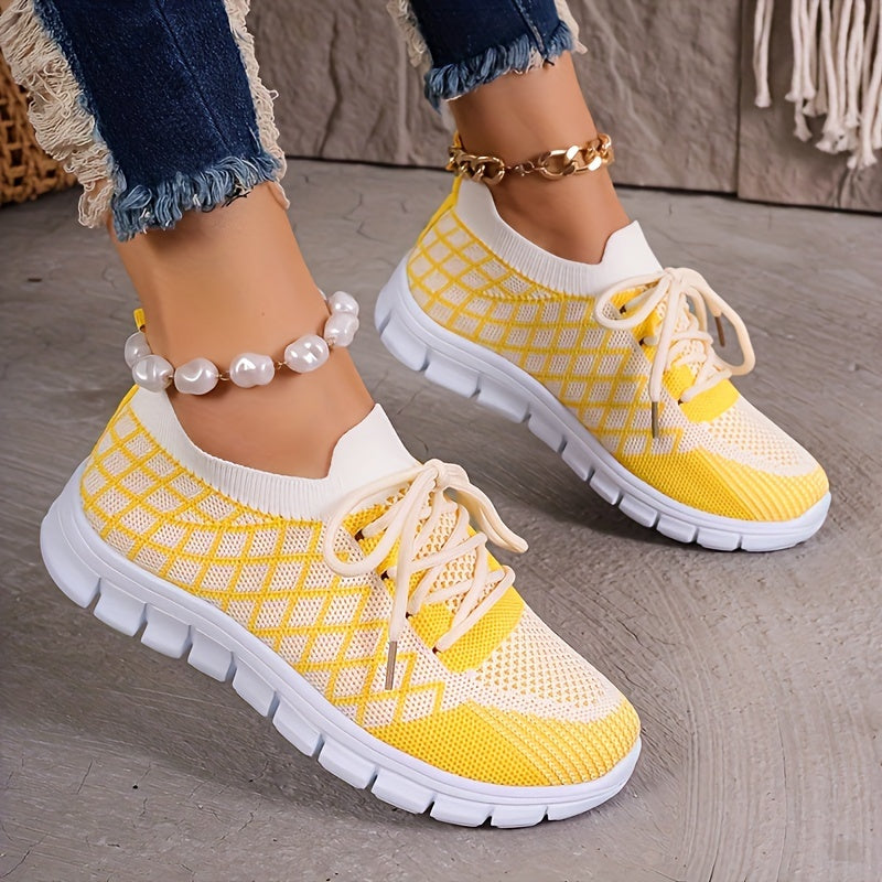 Women's Breathable Knit Sneakers - Lightweight, Lace-Up Casual Shoes with EVA Sole, Available in Brown, Purple, Orange, and Yellow Gradient - Stylish All-Season Footwear, Ladies Sneakers
