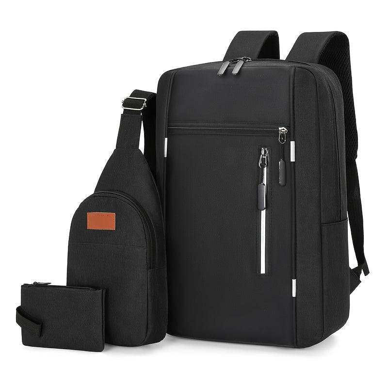 Three-Piece Set Men's Backpack, Includes Shoulder Bag and Coin Purse, Suitable for Back-to-School, Travel, Business, Casual Use with Large Capacity