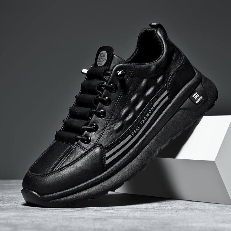 Men's Breathable Casual Sneakers - Comfortable, Versatile Stylish Shoes for Running, Sports Casual Attire, Black with White Accents, PU Upper PVC Sole, Round Toe, Lace-Up Design, All-Season Use