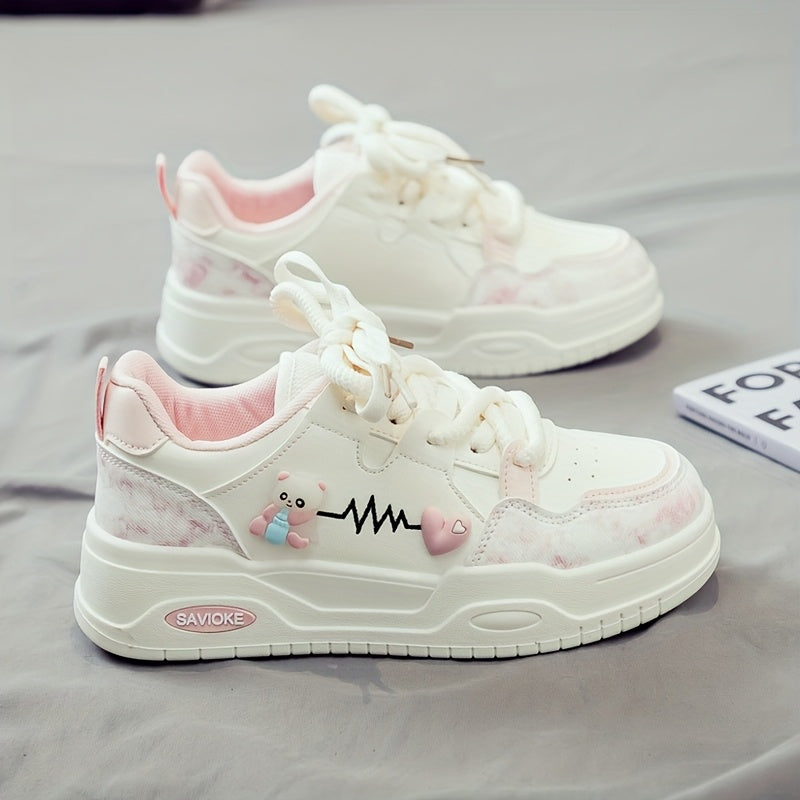 Women's White Mid-Top Sneakers with Bear Heart Stripes Design - PU Cover Upper, Thick Cushioned PVC Sole - Trendy Casual Shoes for All-Season Comfort