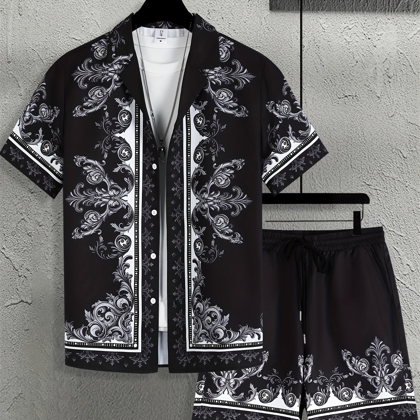 Men'S Suit with a Baroque Print Short-Sleeve Button-Up Shirt And Drawstring Side Pocket Shorts, Two-Piece Loungewear Set.