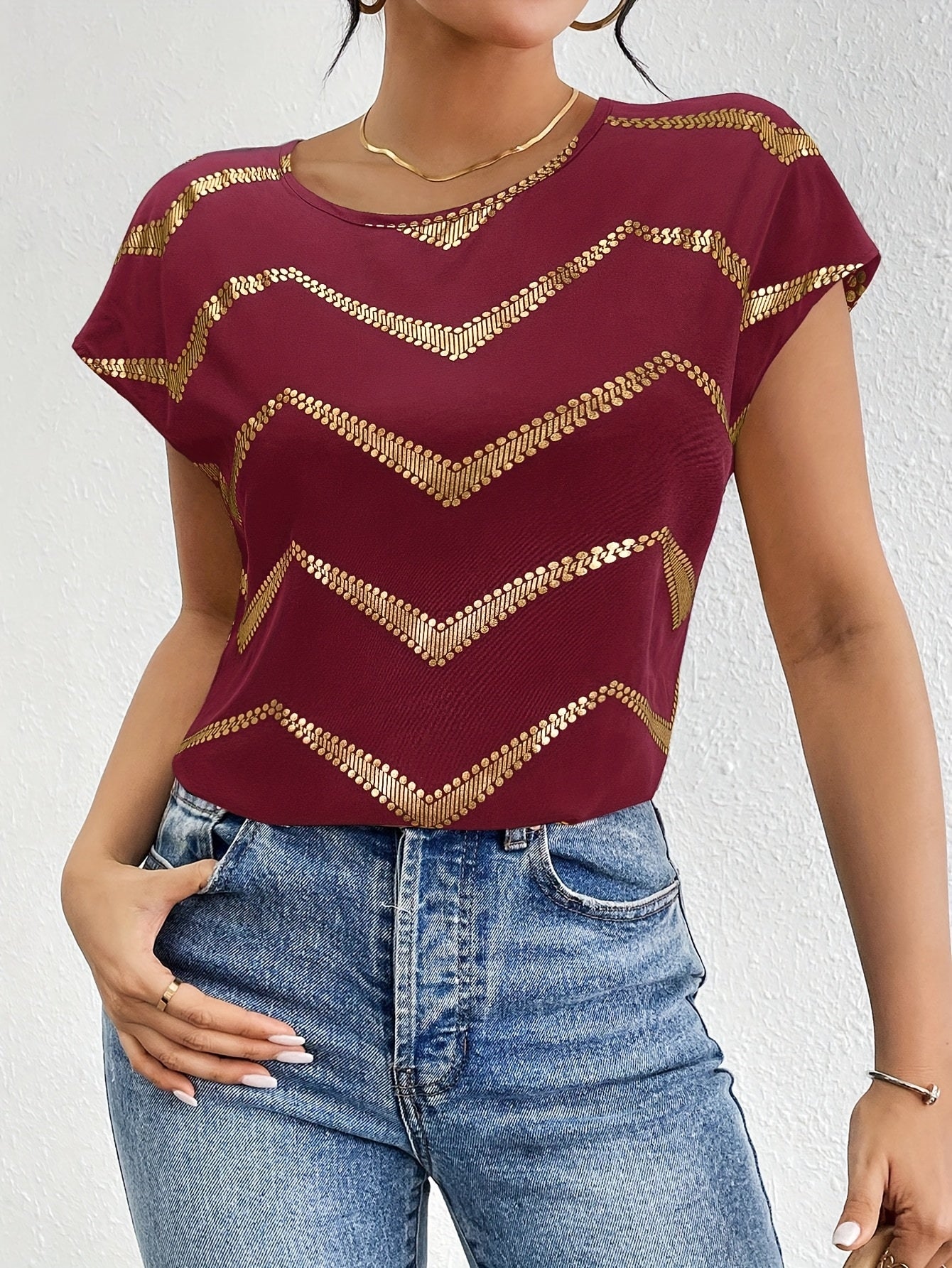 Women's Elegant Batwing T-Shirt - Black with Golden Geometric Print, Stretchy Polyester-Spandex Blend, Round Neck Casual Top for Spring Summer Fall, Machine Washable for Parties Dates Casual Attire
