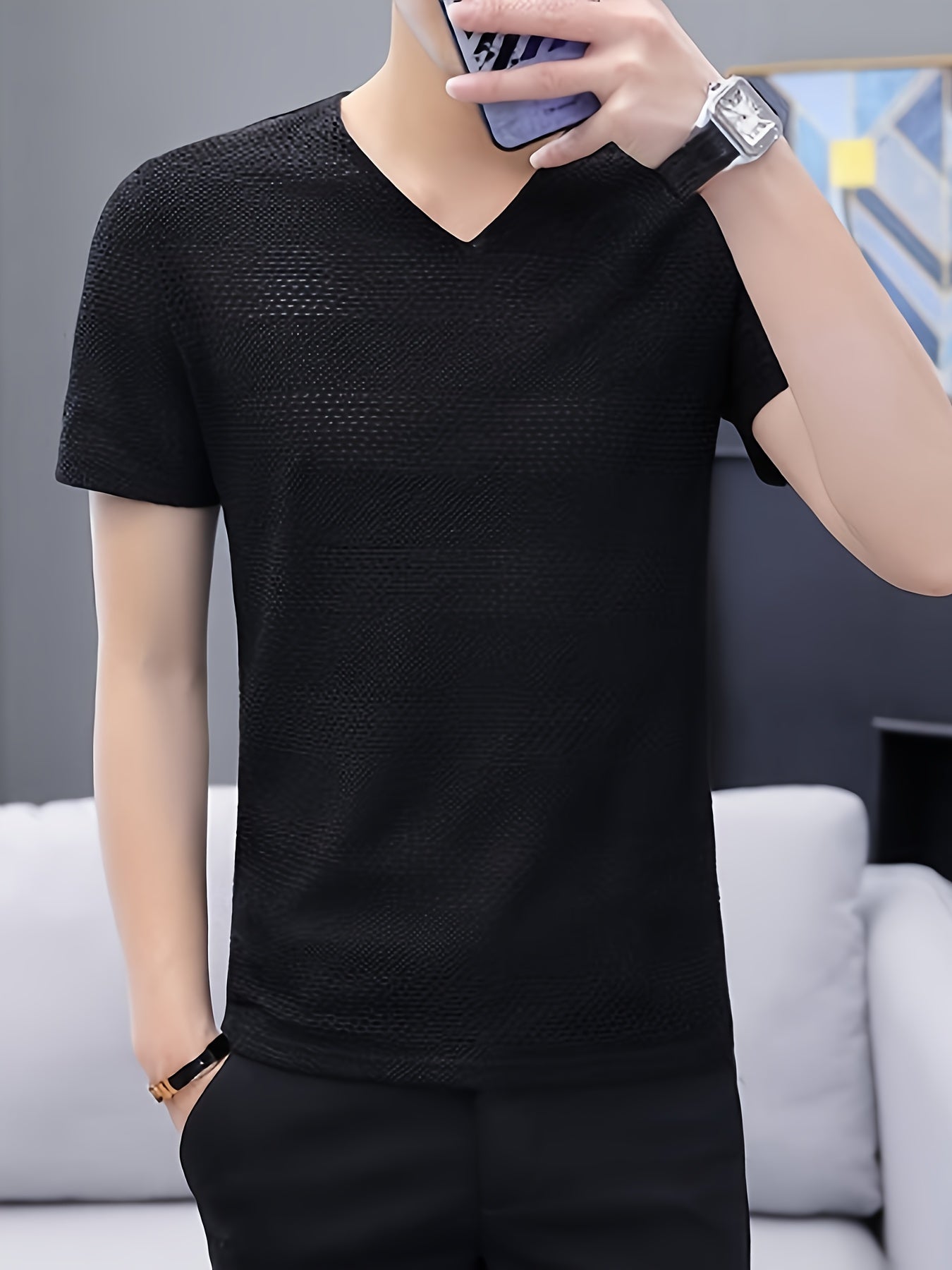 Men's Short-Sleeve T-Shirt Summer Hollow-Out Cool High-End Half Sleeve Breathable Non-See-Through