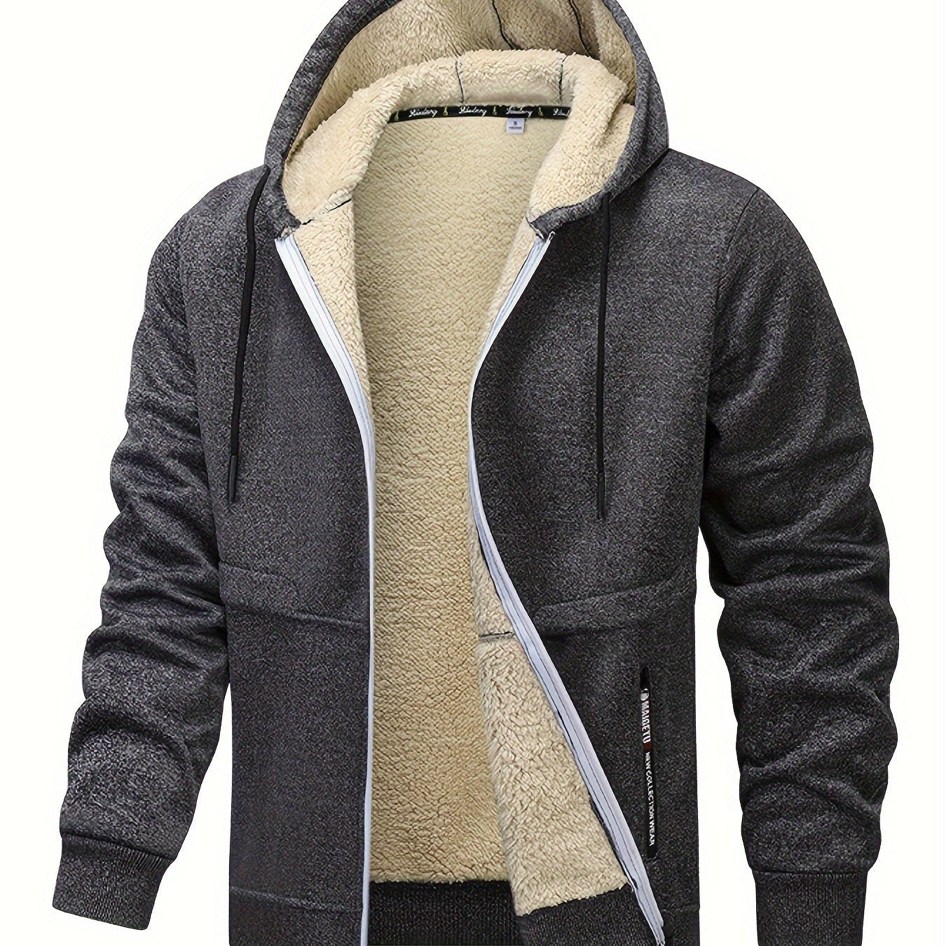 1pc Men'S Casual Style Hooded Jacket, Thick Fleece Lined, Warm