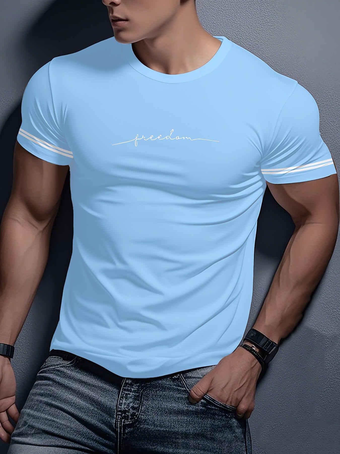 Men'S "Freedom" Graphic T-Shirt - Black Casual Crew Neck Tee with White Stripes, Breathable Polyester Blend, Regular Fit for Casual Attire, Everyday Tshirt Bold Print Tee Comfortable Fit, Knit