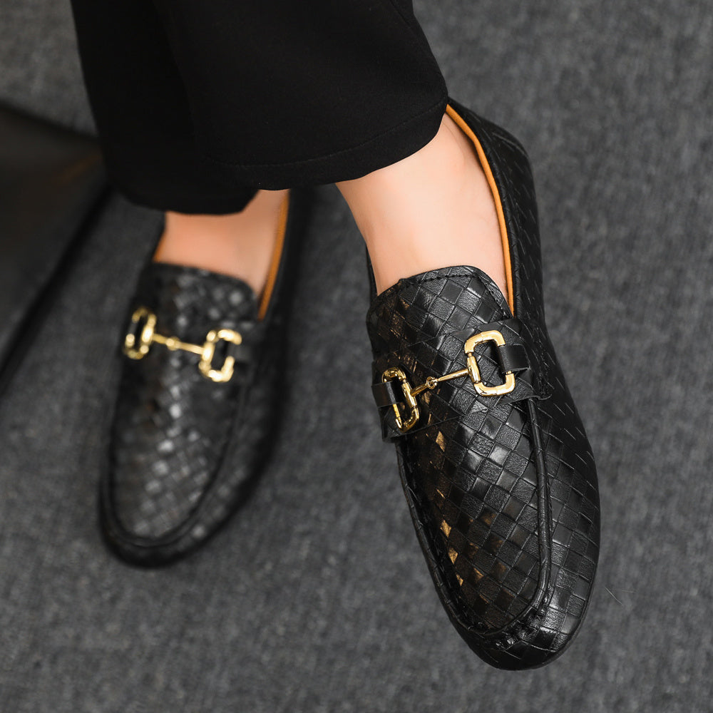 Men's Slip-On Loafers - Black Tan Casual Shoes with Golden-Tone Metal Accents, Round Toe Comfort, All-Season Versatile for Office Social Events, Casual Attire, Elegant Style, Premium Material, Modern Gentlemen