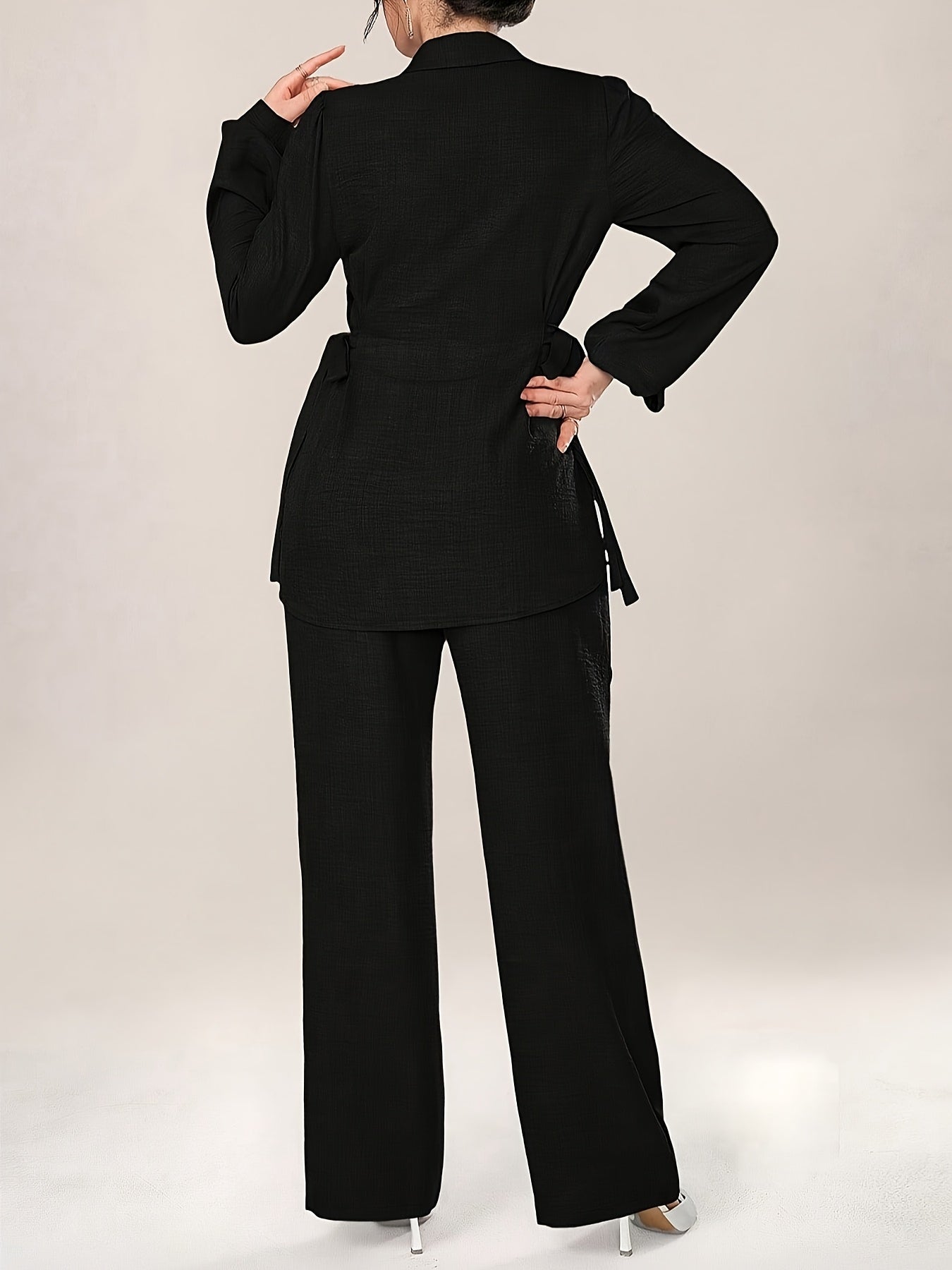 Women'S Solid Color Long Sleeve Knotted Waist Single-Breasted Shirt and Pants Elegant Commuter Set, Two-Piece Summer Autumn Women'S Outfit Office Business Casual Women'S Suit
